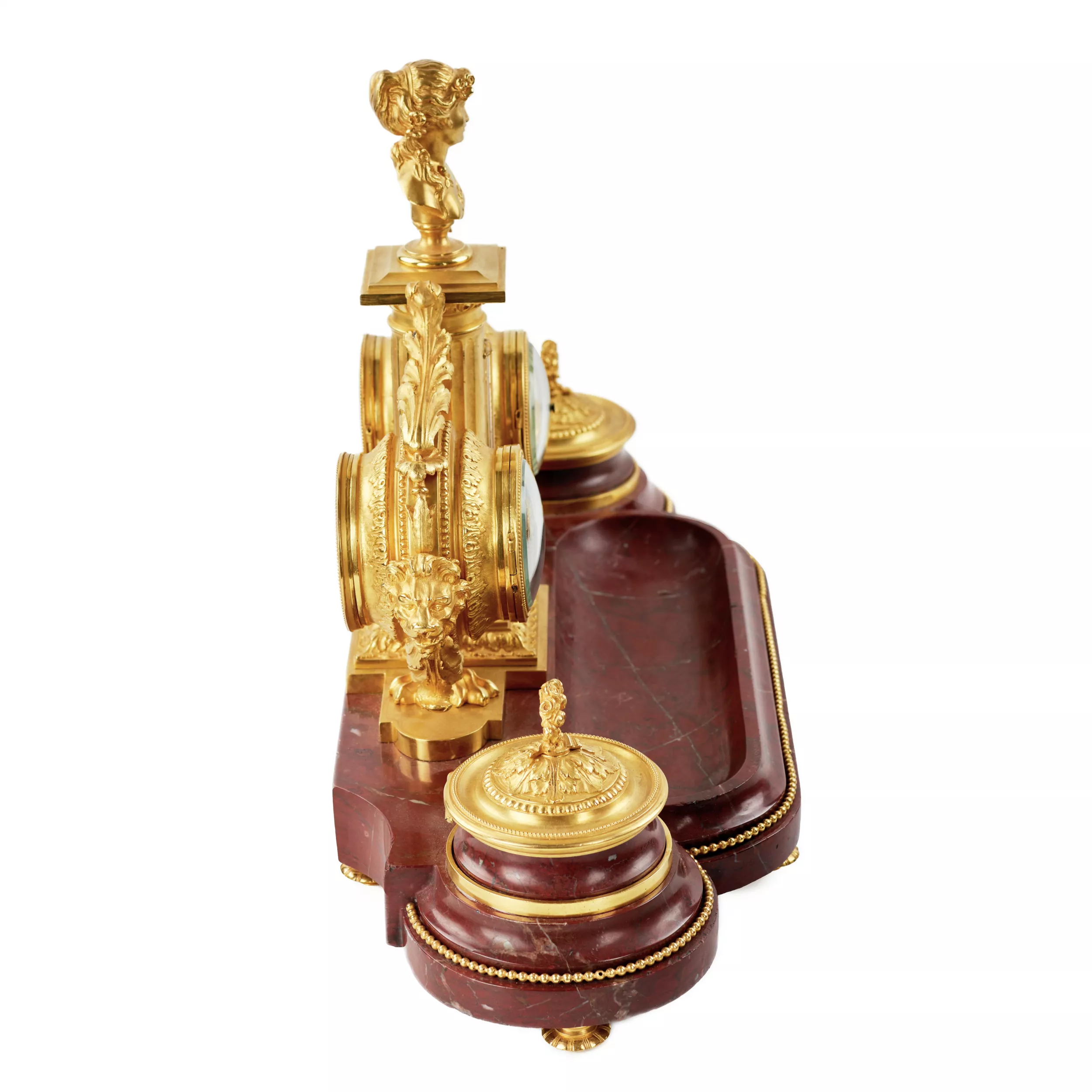 Necessaire d`ecriture en marbre merisier, bronze dore : horloge, thermomètre et baromètre. 19ème siècle. 