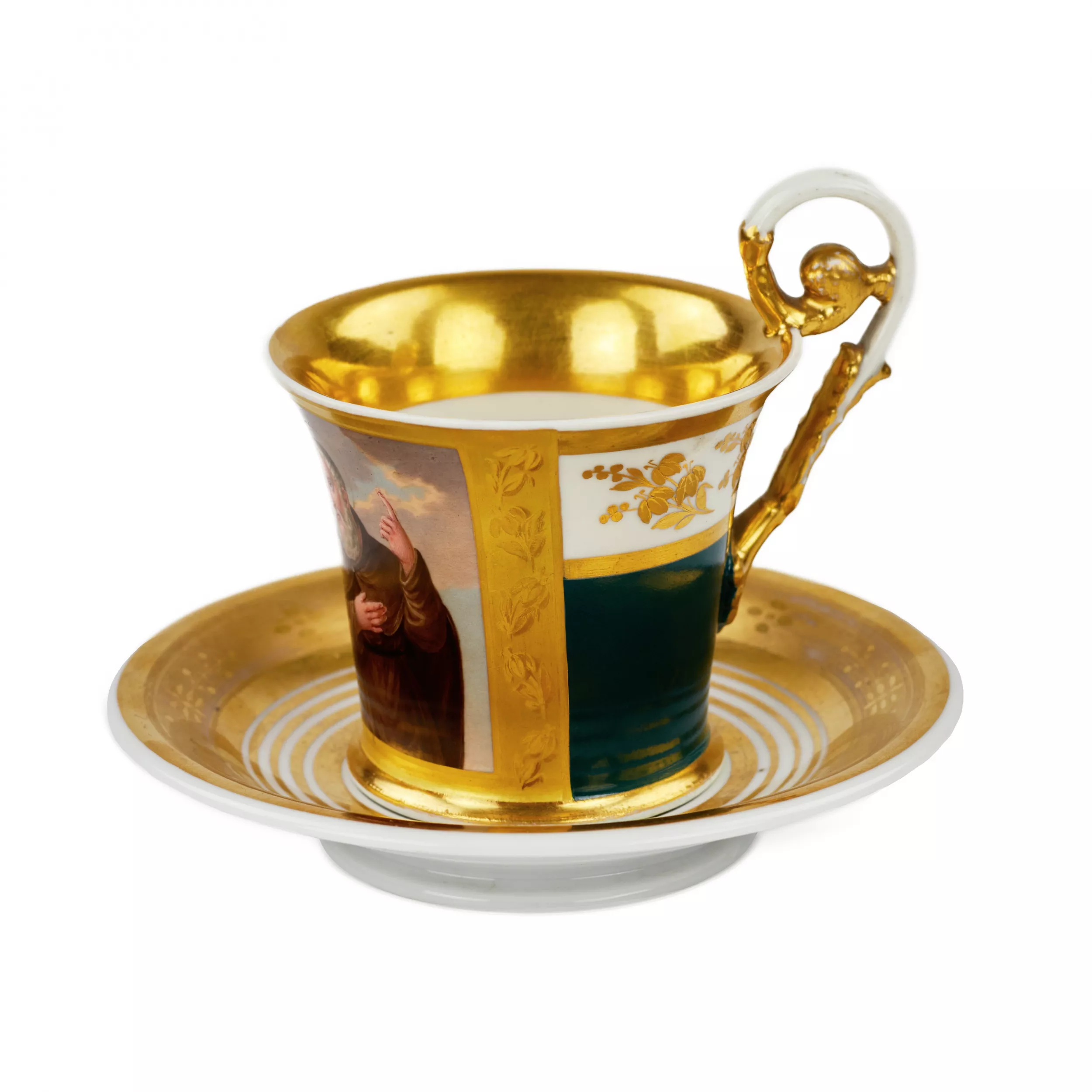 Tasse et soucoupe peintes de la periode Biedermeier. 
