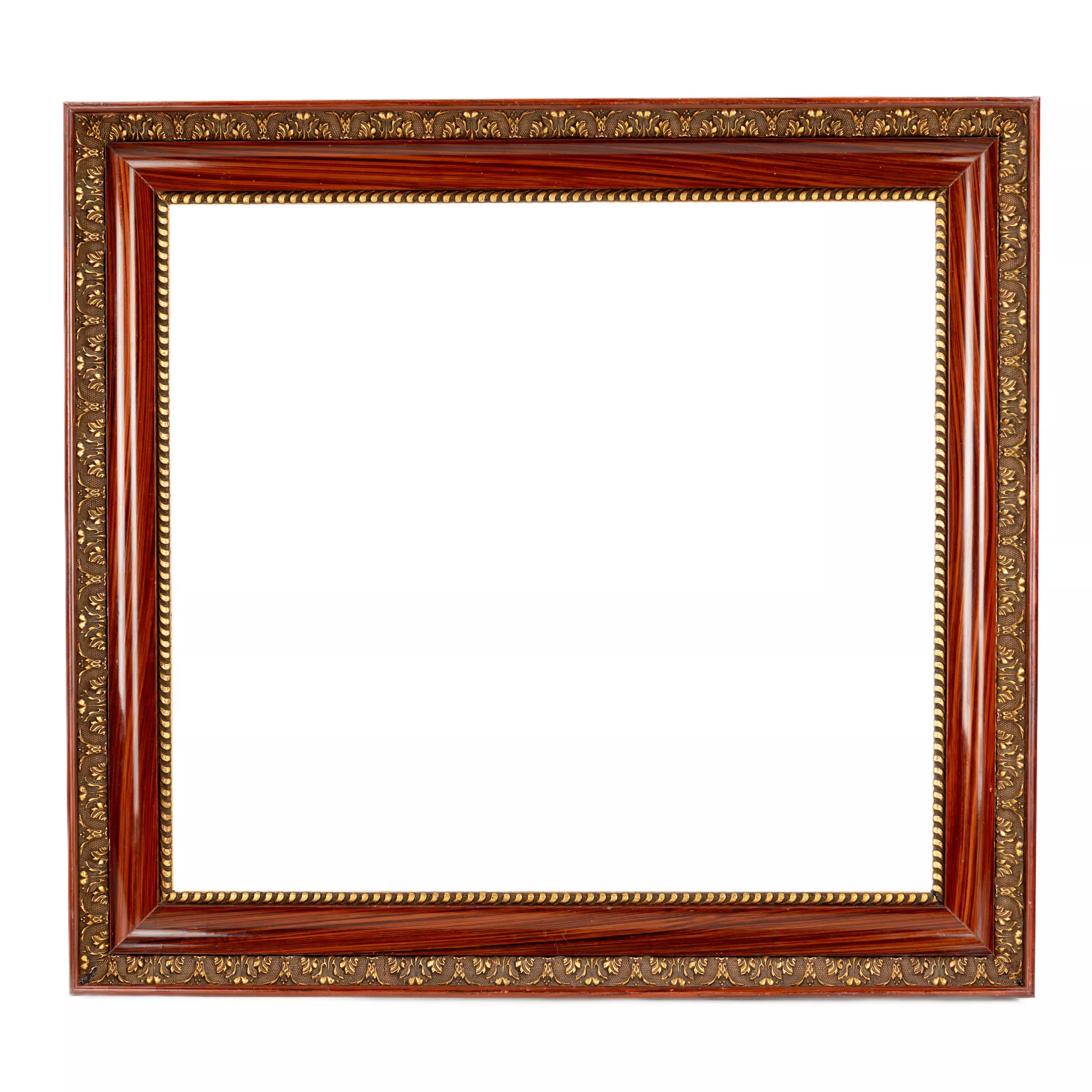 Paired frames of polished wood with bronze decoration of acanthus and cord. 20th century. 