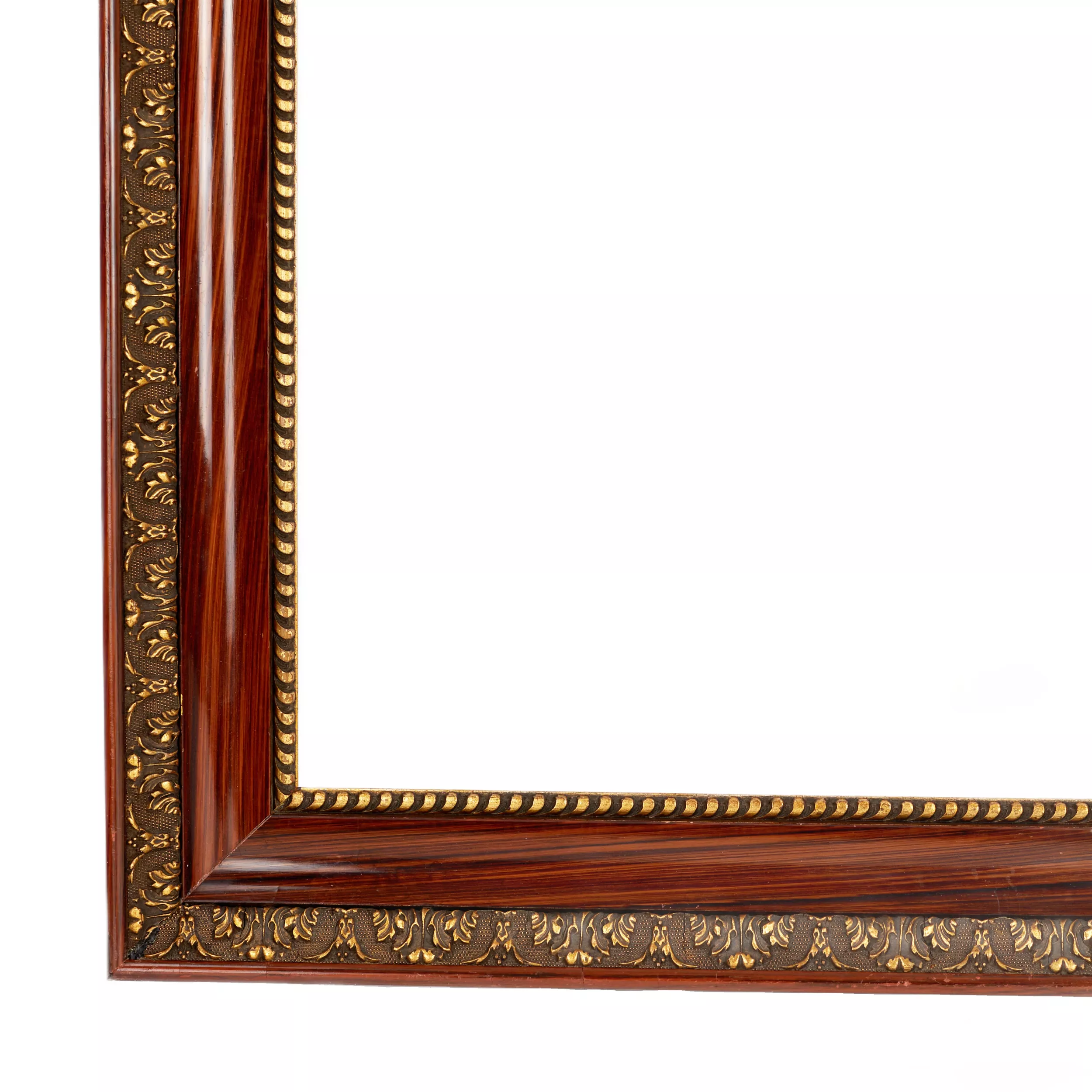 Paired frames of polished wood with bronze decoration of acanthus and cord. 20th century. 