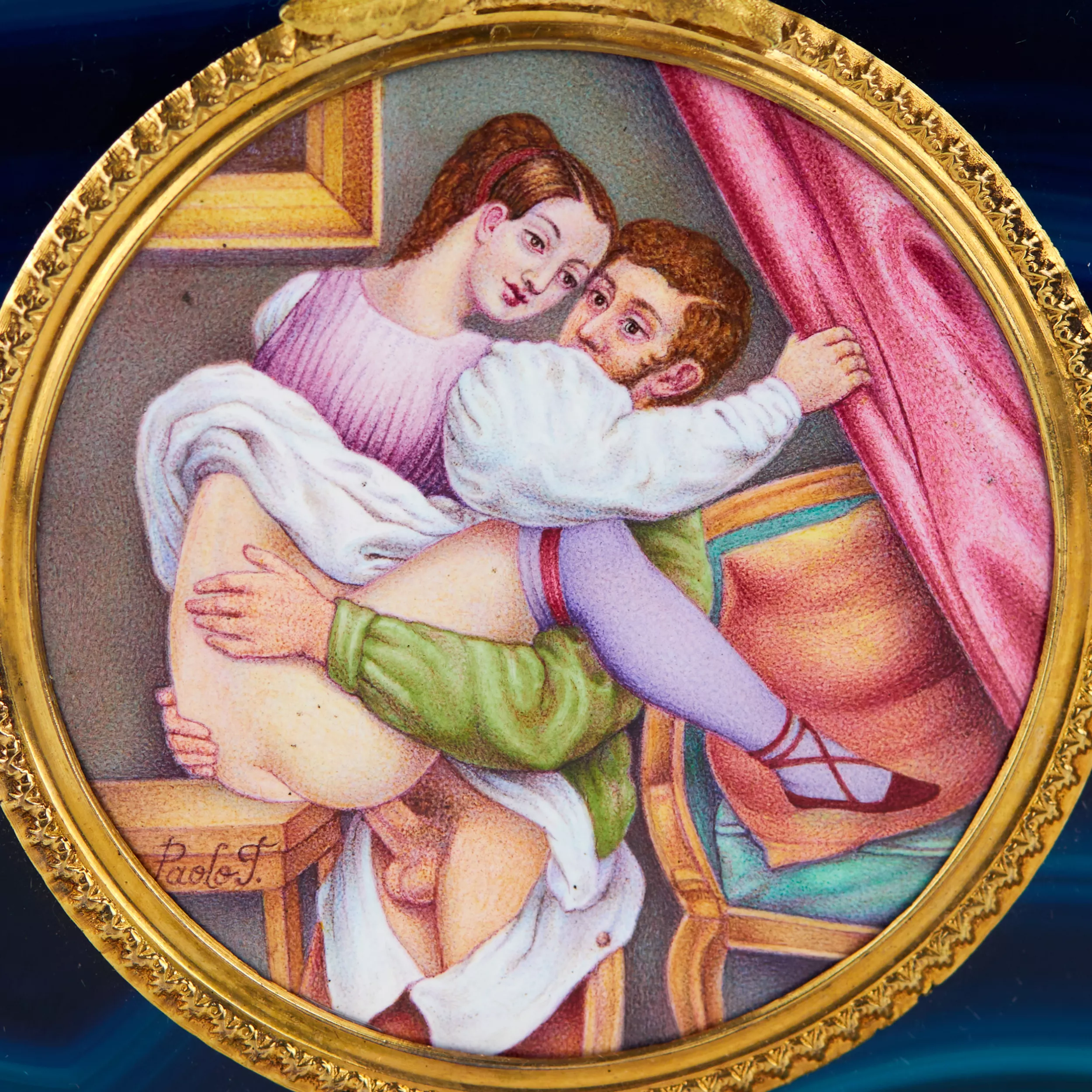 Miniature erotique en email dans un cadre dore, sur une plaque d`agate teintee. 19ème siècle. 