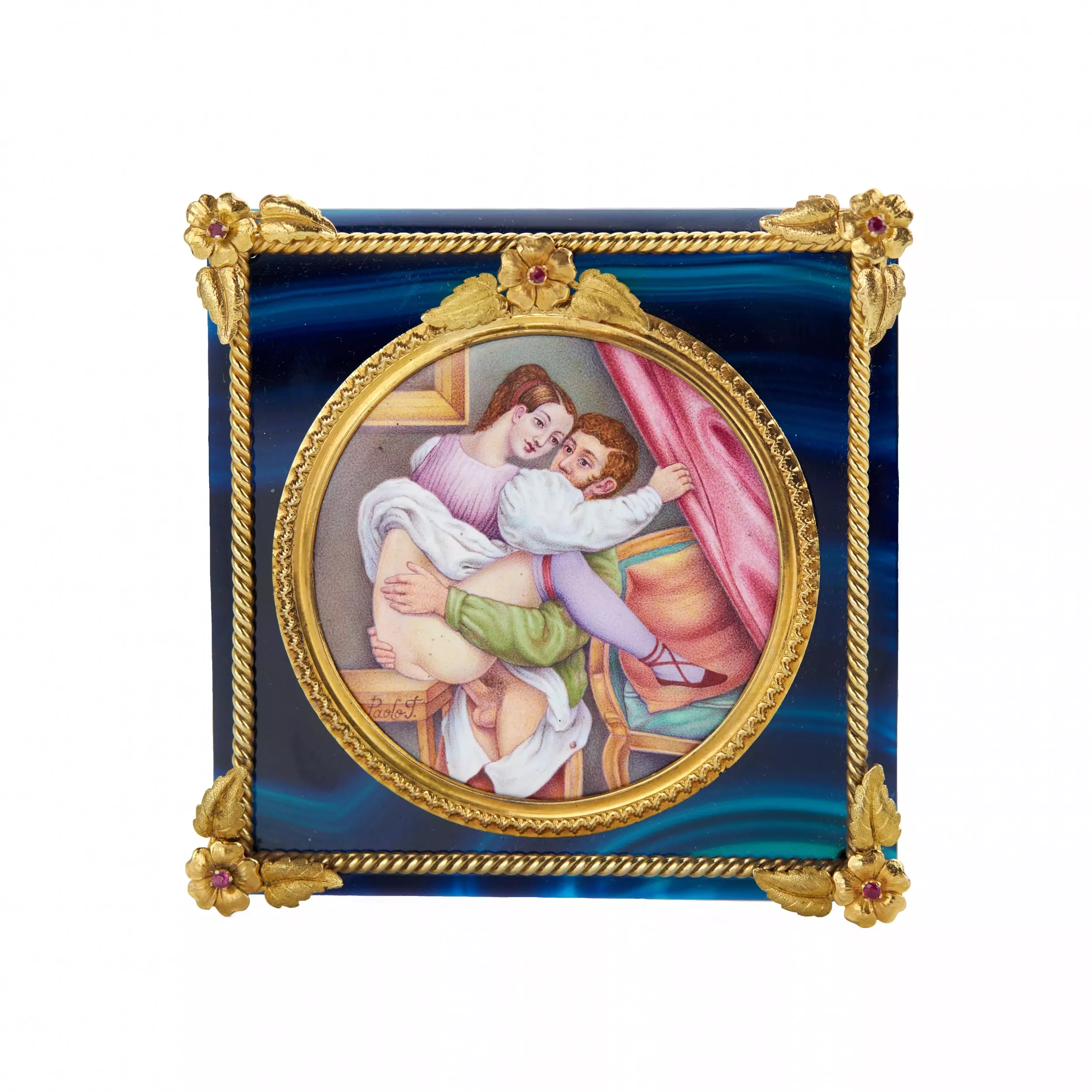 Miniature erotique en email dans un cadre dore, sur une plaque d`agate teintee. 19ème siècle. 