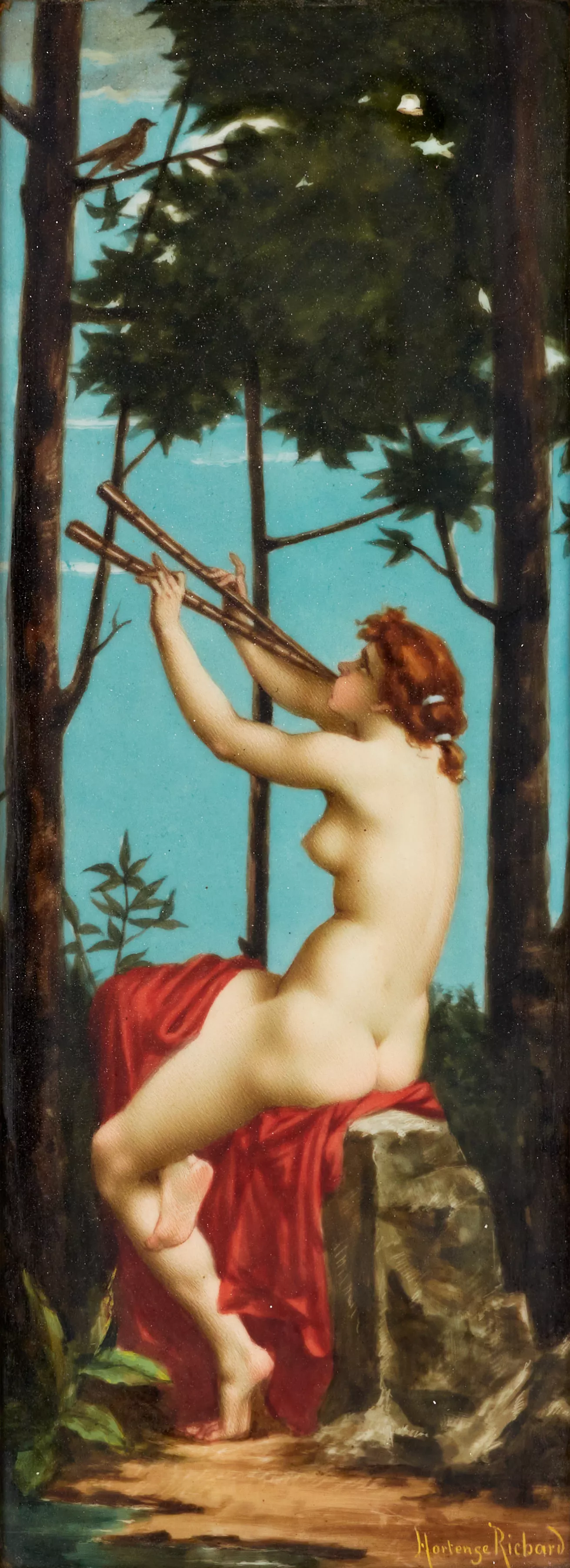 PLAQUE EN PORCELAINE PEINTE « LE CHARMEUR ». HORTENSE RICHARD (1847–1900). FRANCE, FIN DU XIXe SIÈCLE