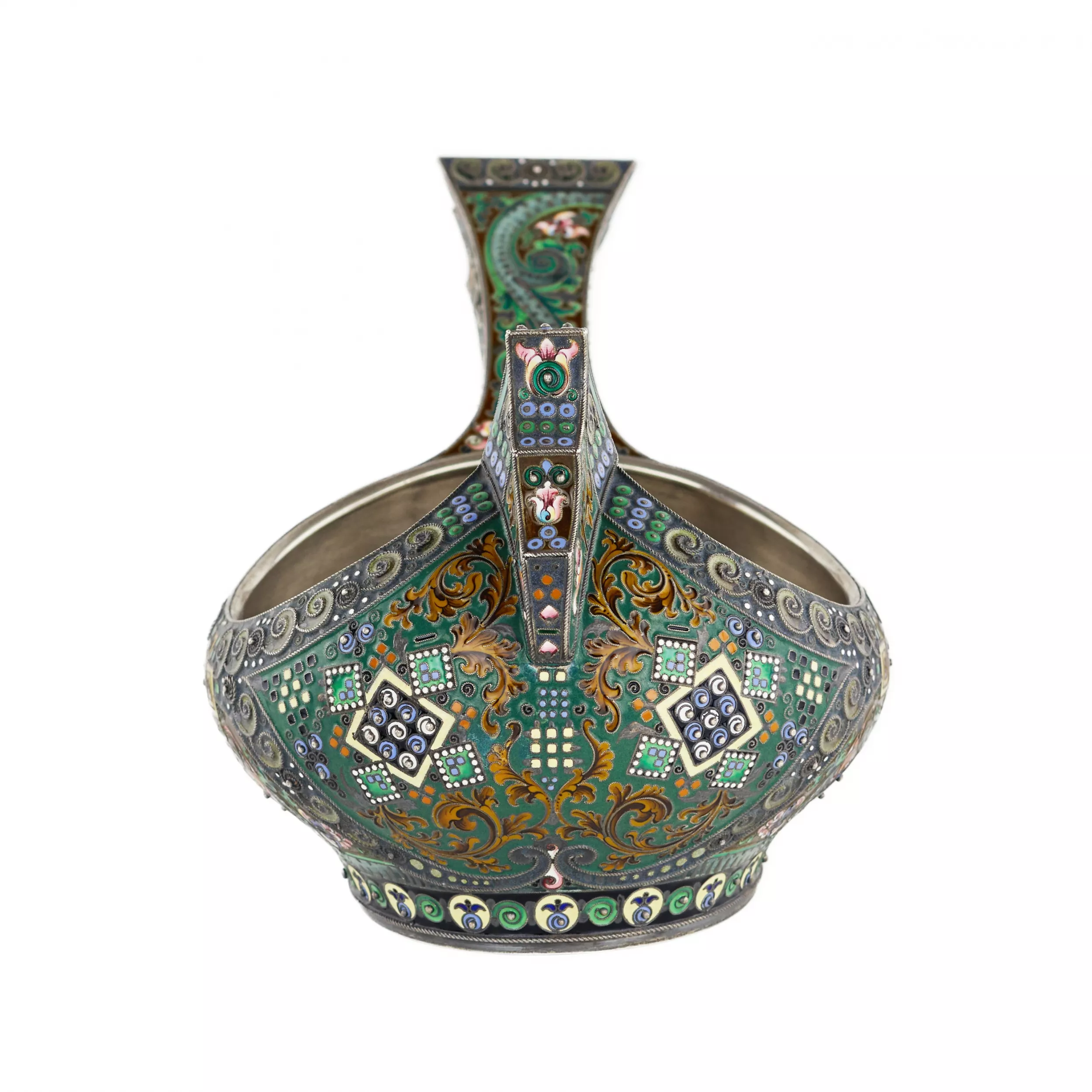 A graceful silver kovsh in the Russian Art Nouveau style of the 11th Moscow artel. Early 20th century.