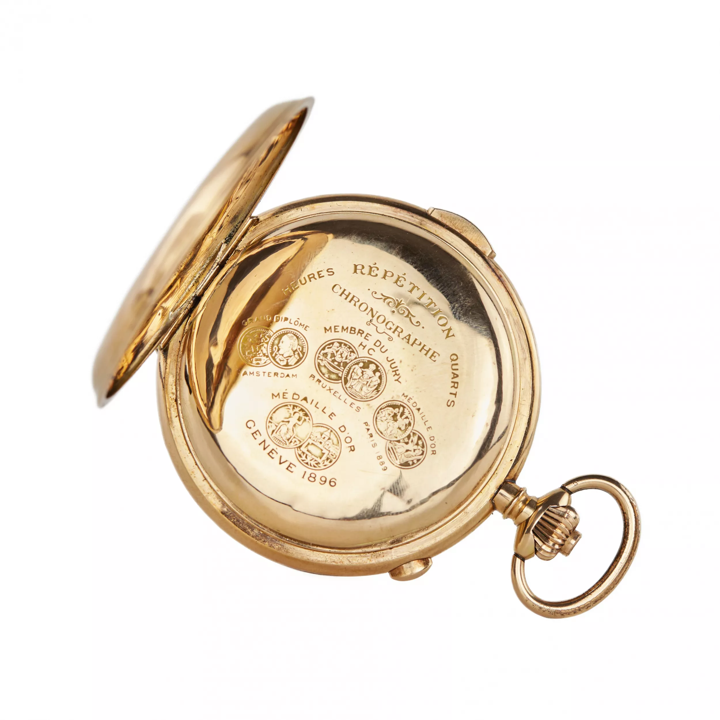 Heures Repetition Quarts Taschenuhr Chronographe 14k Gold Pocket Watch 