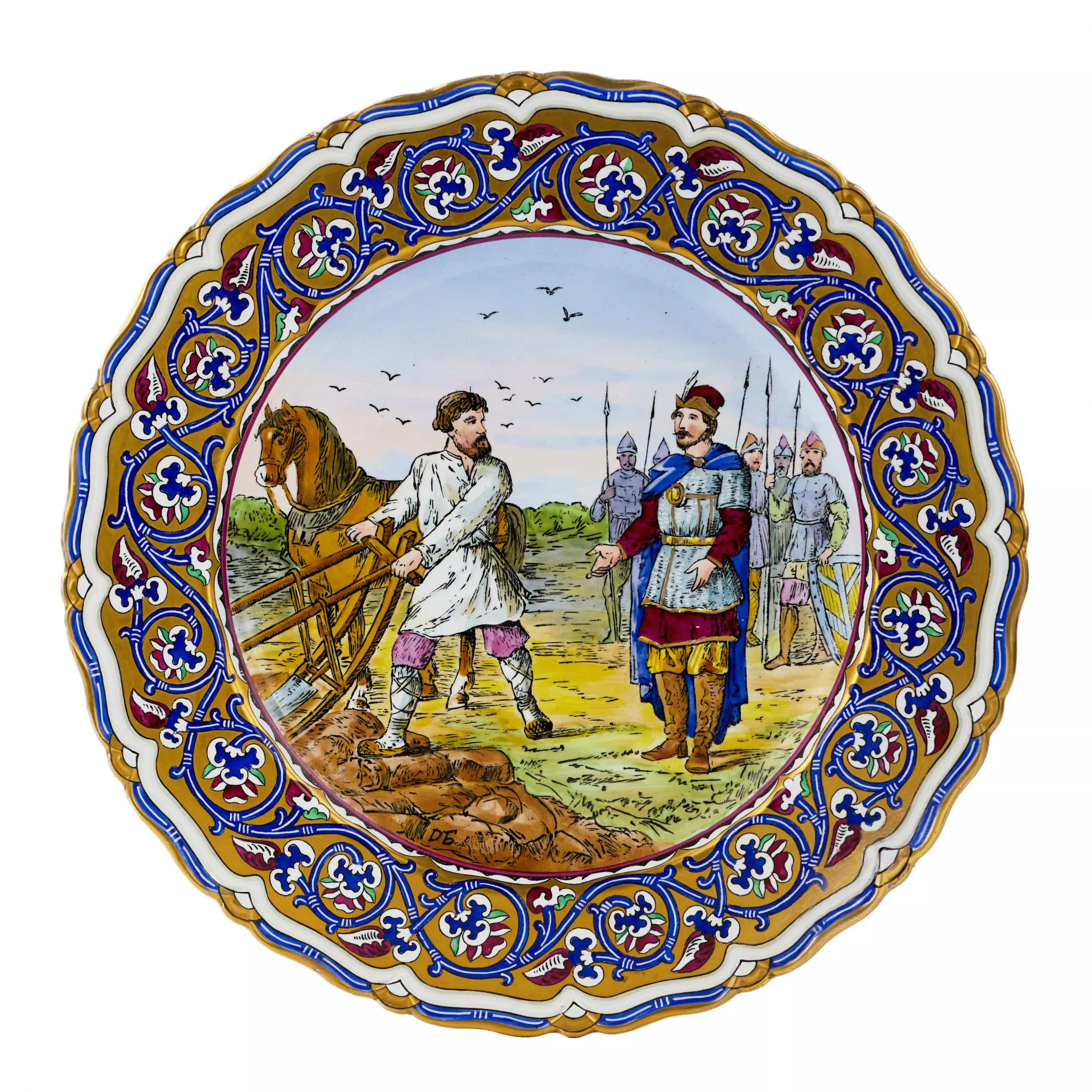 Plat en porcelaine de lusine Kuznetsov avec la scène de la vocation du heros Mikula Selyaninovich. Debut du 20ème siècle