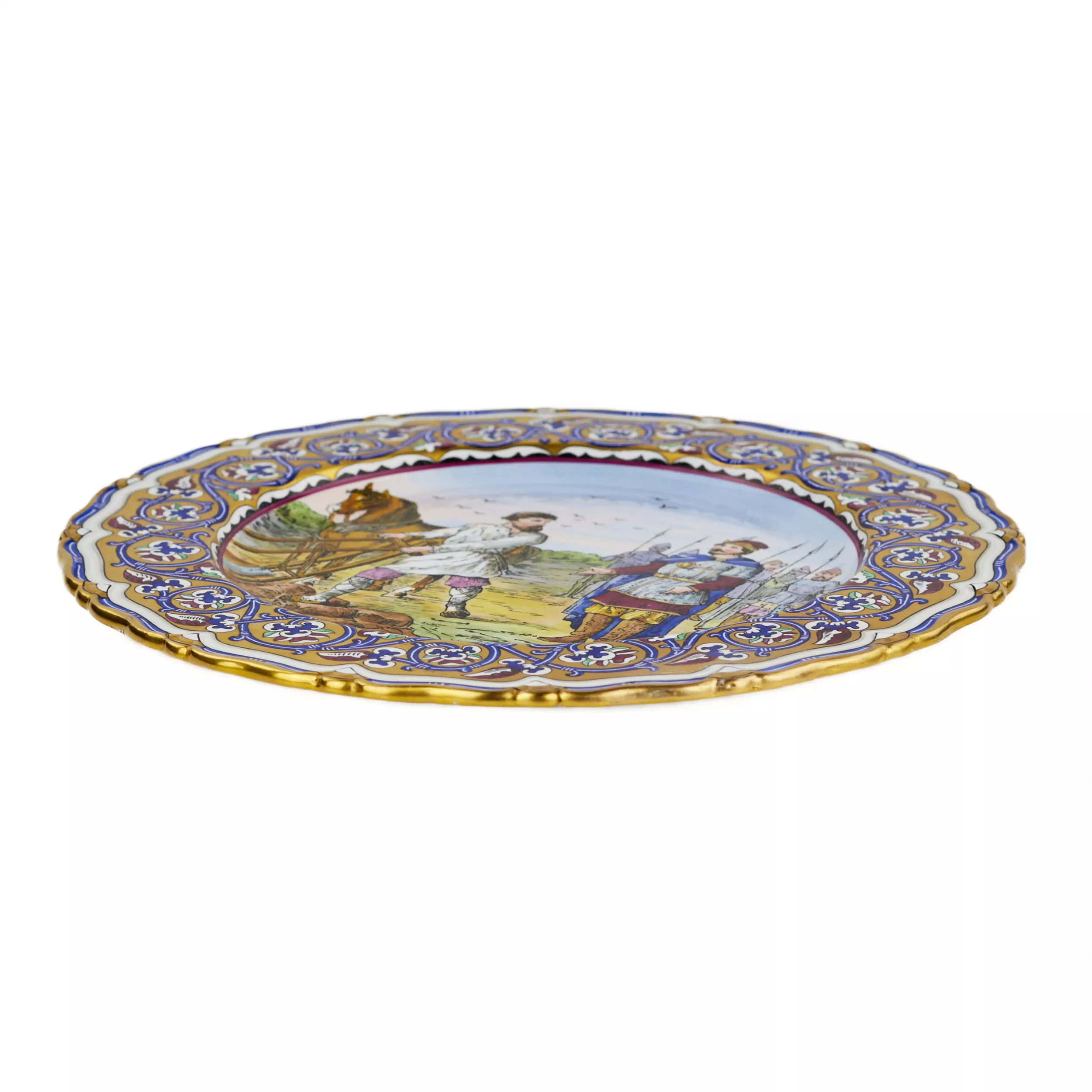 Plat en porcelaine de lusine Kuznetsov avec la scène de la vocation du heros Mikula Selyaninovich. Debut du 20ème siècle