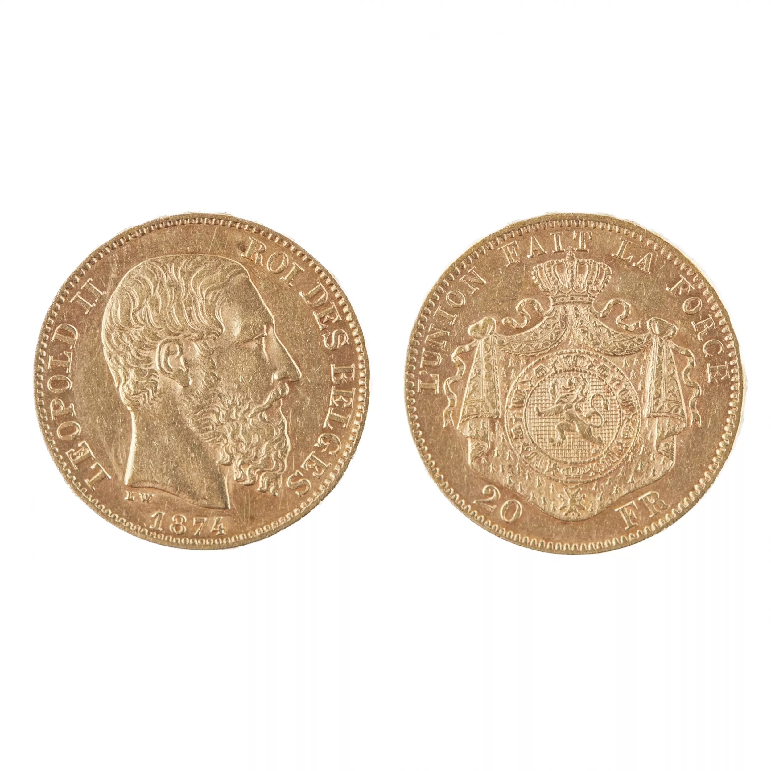 20 francs gold coin Leopold II King of Belgium. 1874