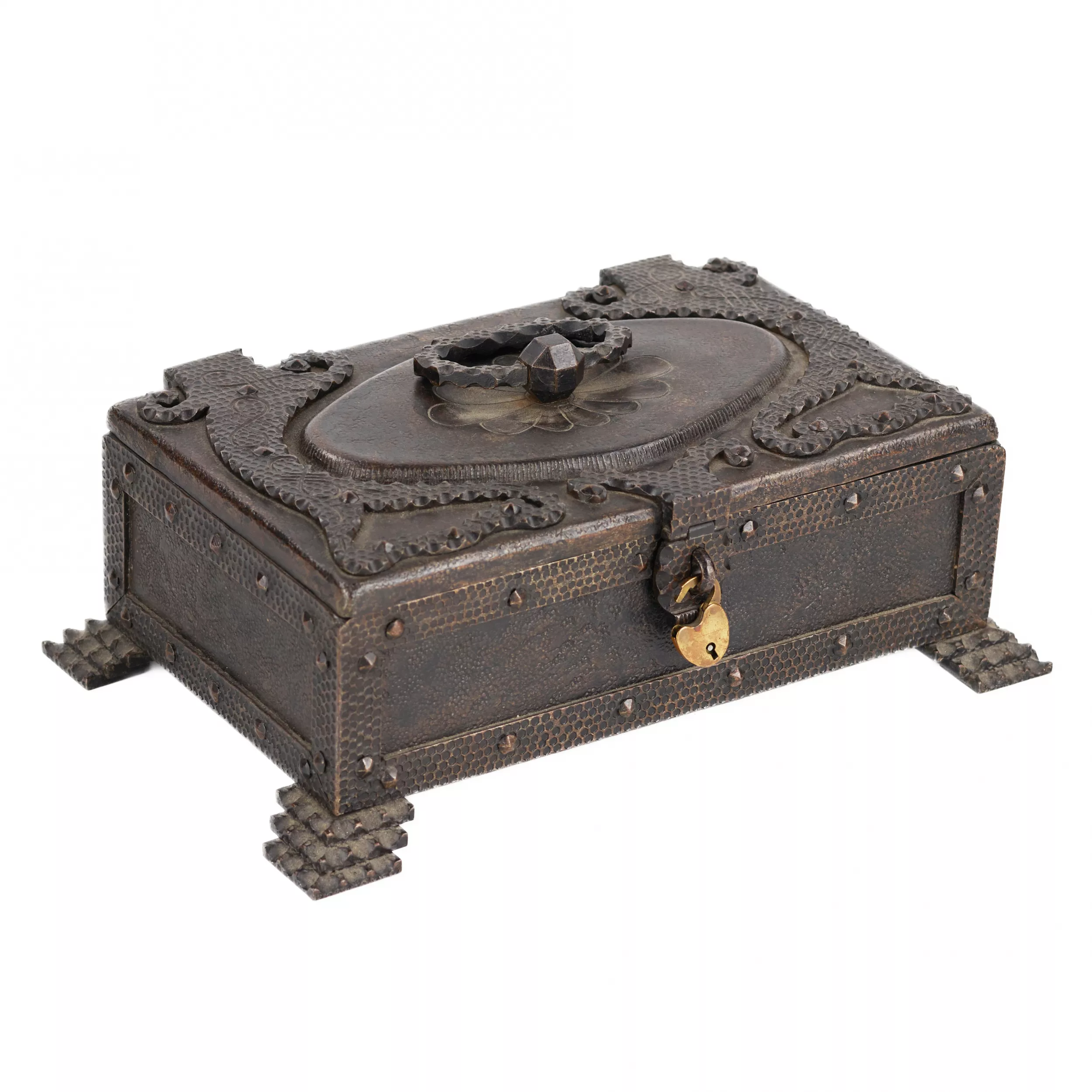 A large collection of semi-precious stones in a wrought-iron case