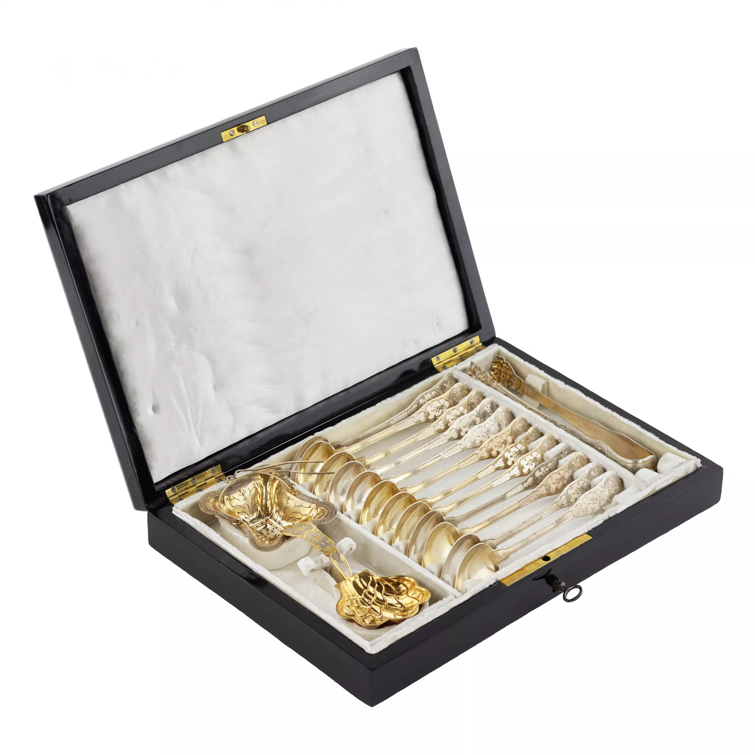 SERVICE À THÉ EN ARGENT POUR DOUZE PERSONNES DANS SON COFFRET D`ORIGINE. FRANCE. FIN DU XIXe SIÈCLE