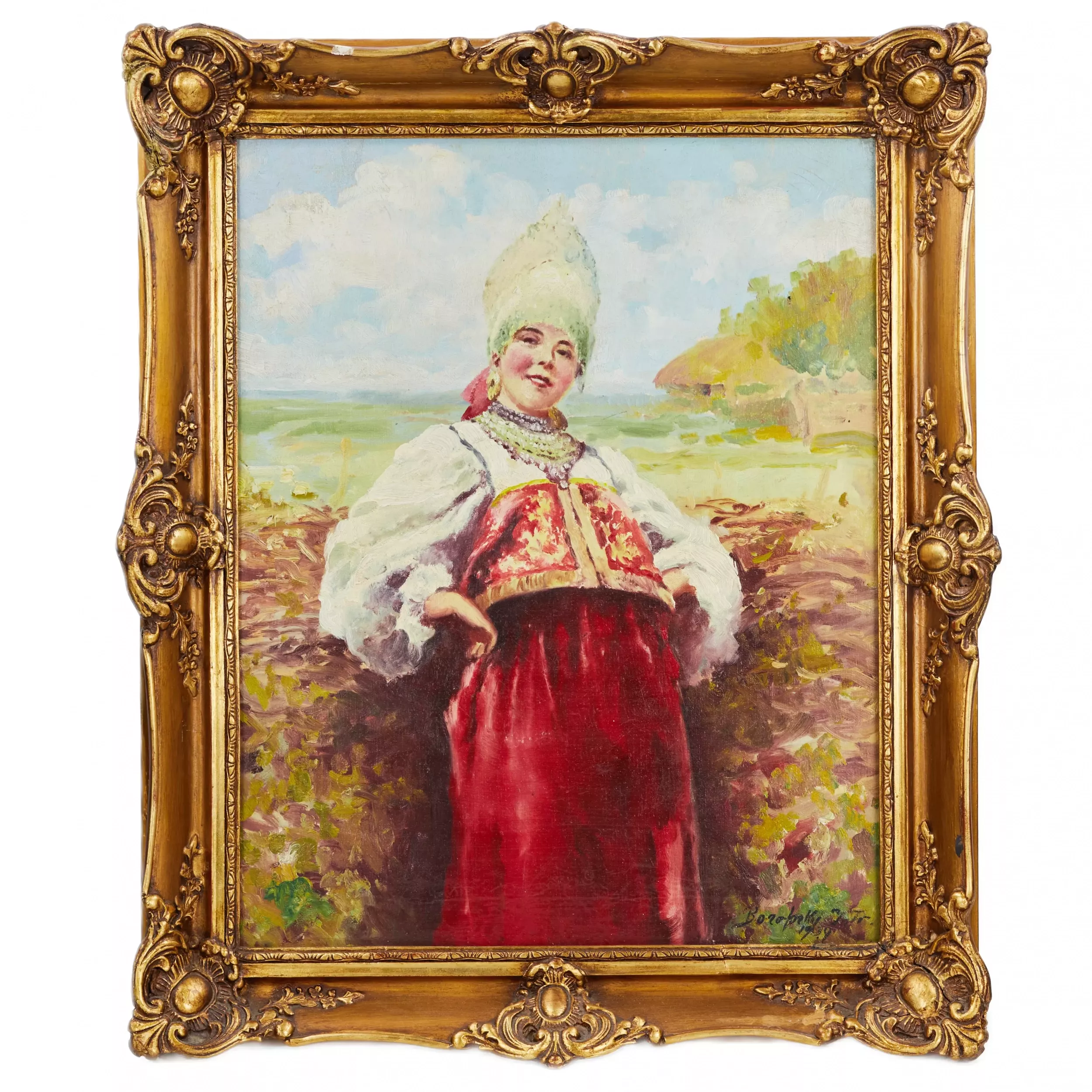 Beaute russe dans un kokoshnik près de la clôture. Copie de K. Makovsky À la peripherie. 1939 