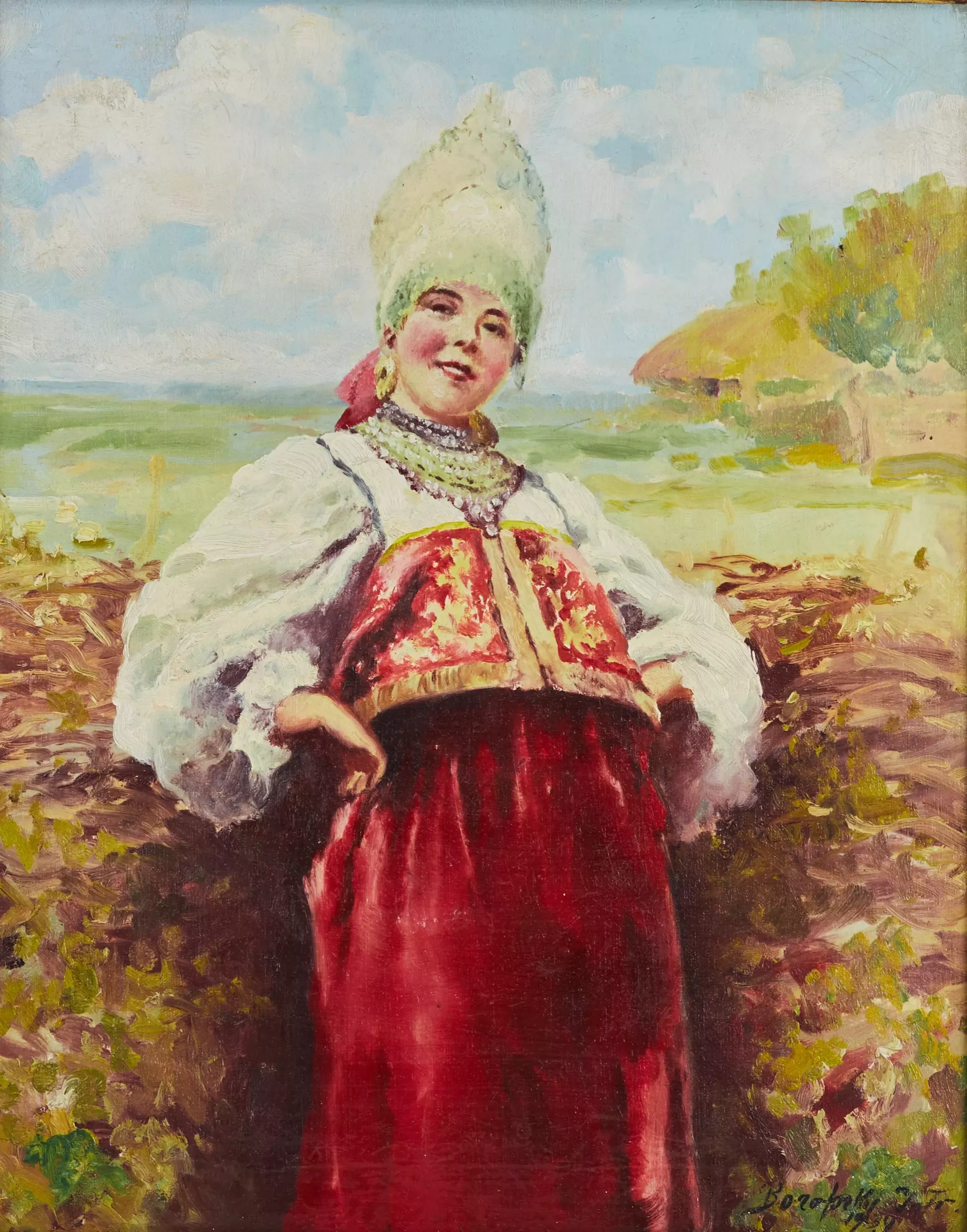 Beaute russe dans un kokoshnik près de la clôture. Copie de K. Makovsky À la peripherie. 1939 