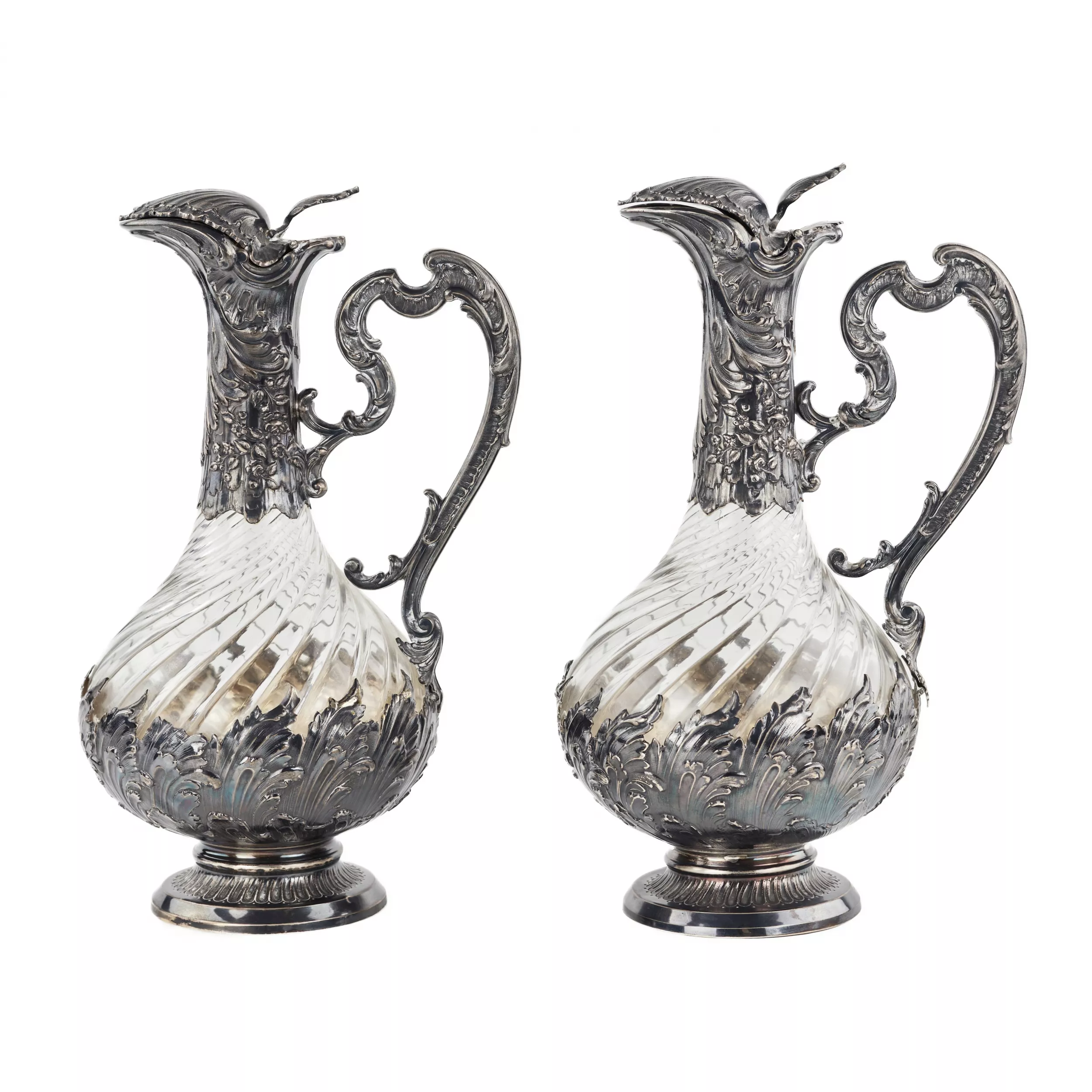 Frangière et Laroche. Paire de pichets à vin en verre français en argent des annees 1880. 