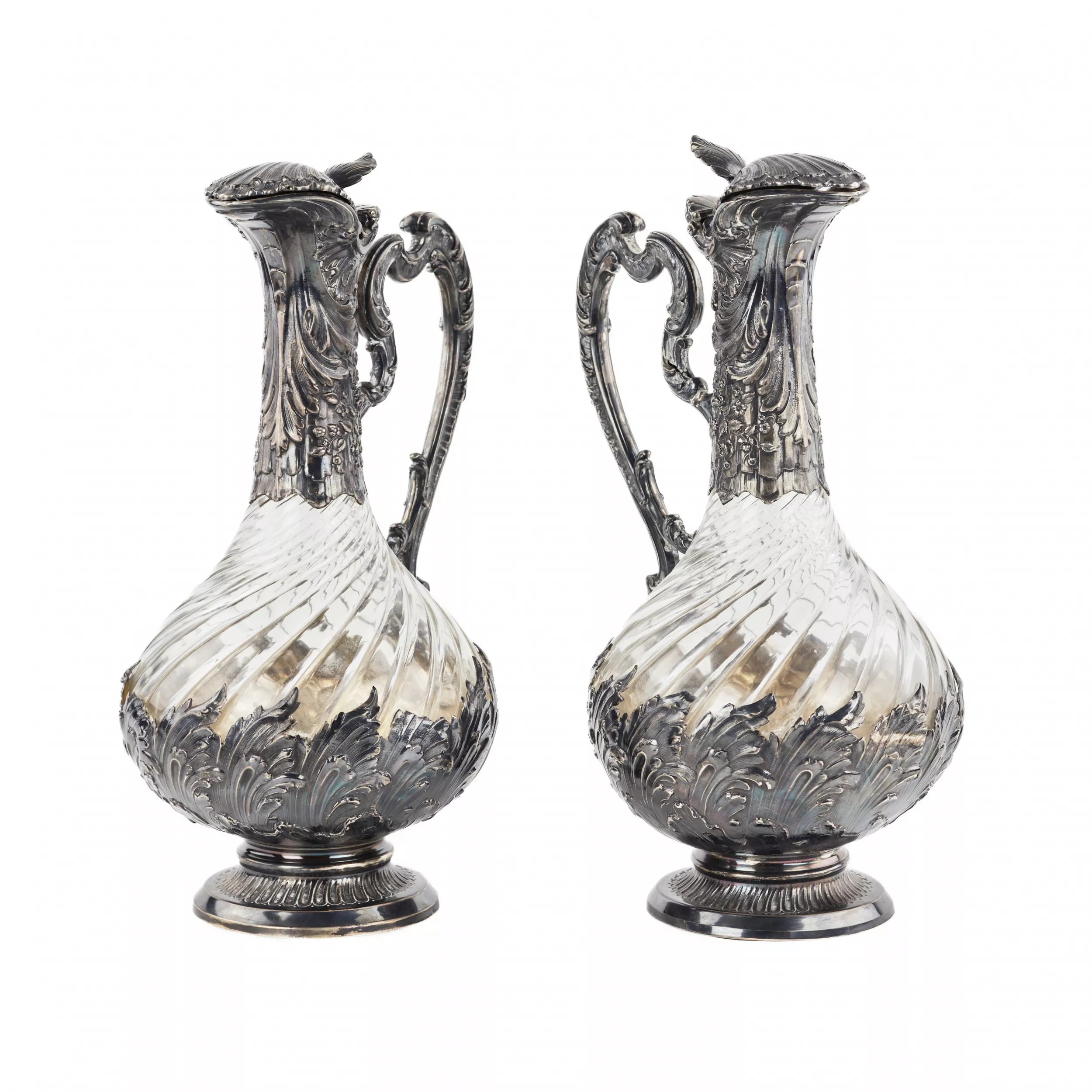 Frangière et Laroche. Paire de pichets à vin en verre français en argent des annees 1880. 