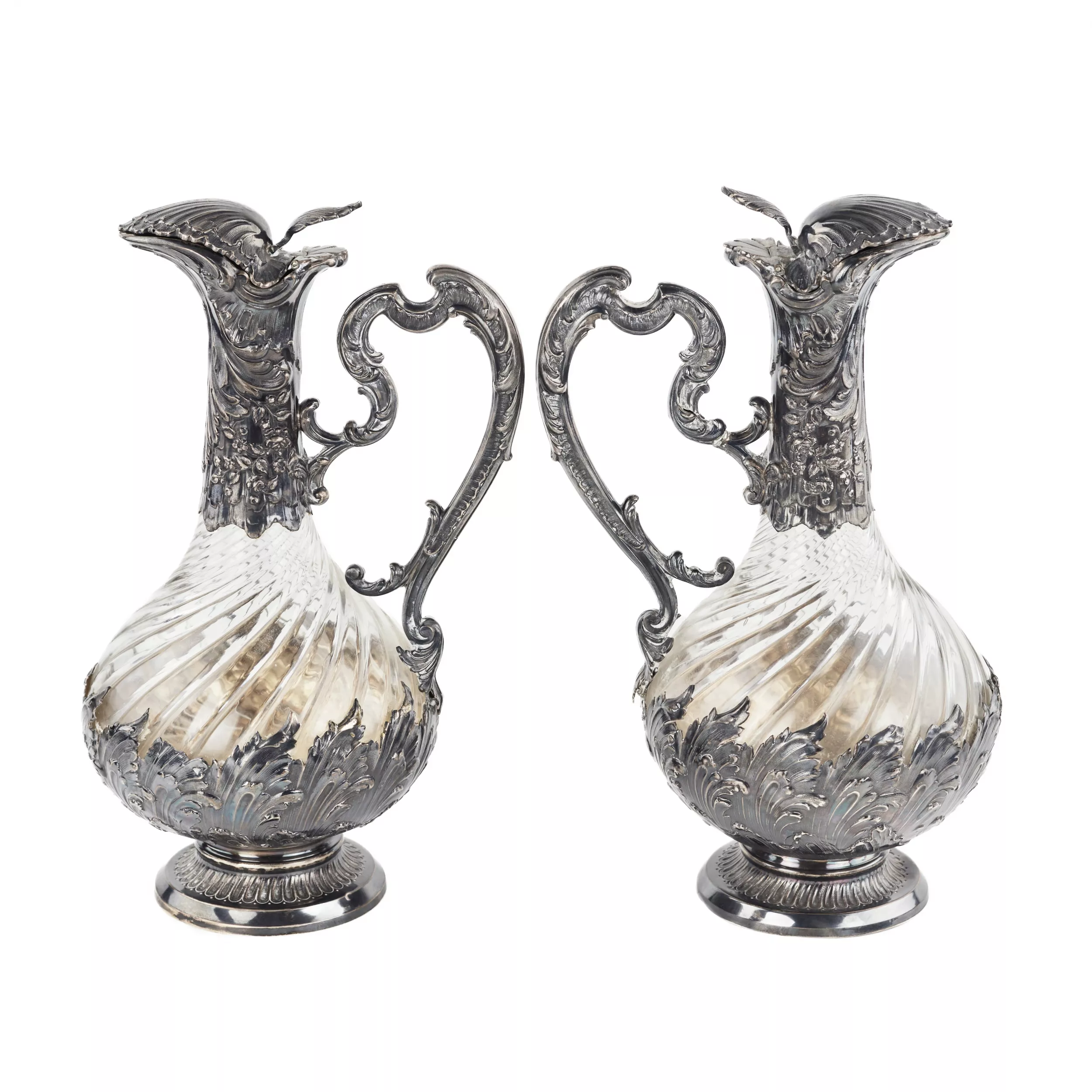 Frangière et Laroche. Paire de pichets à vin en verre français en argent des annees 1880. 