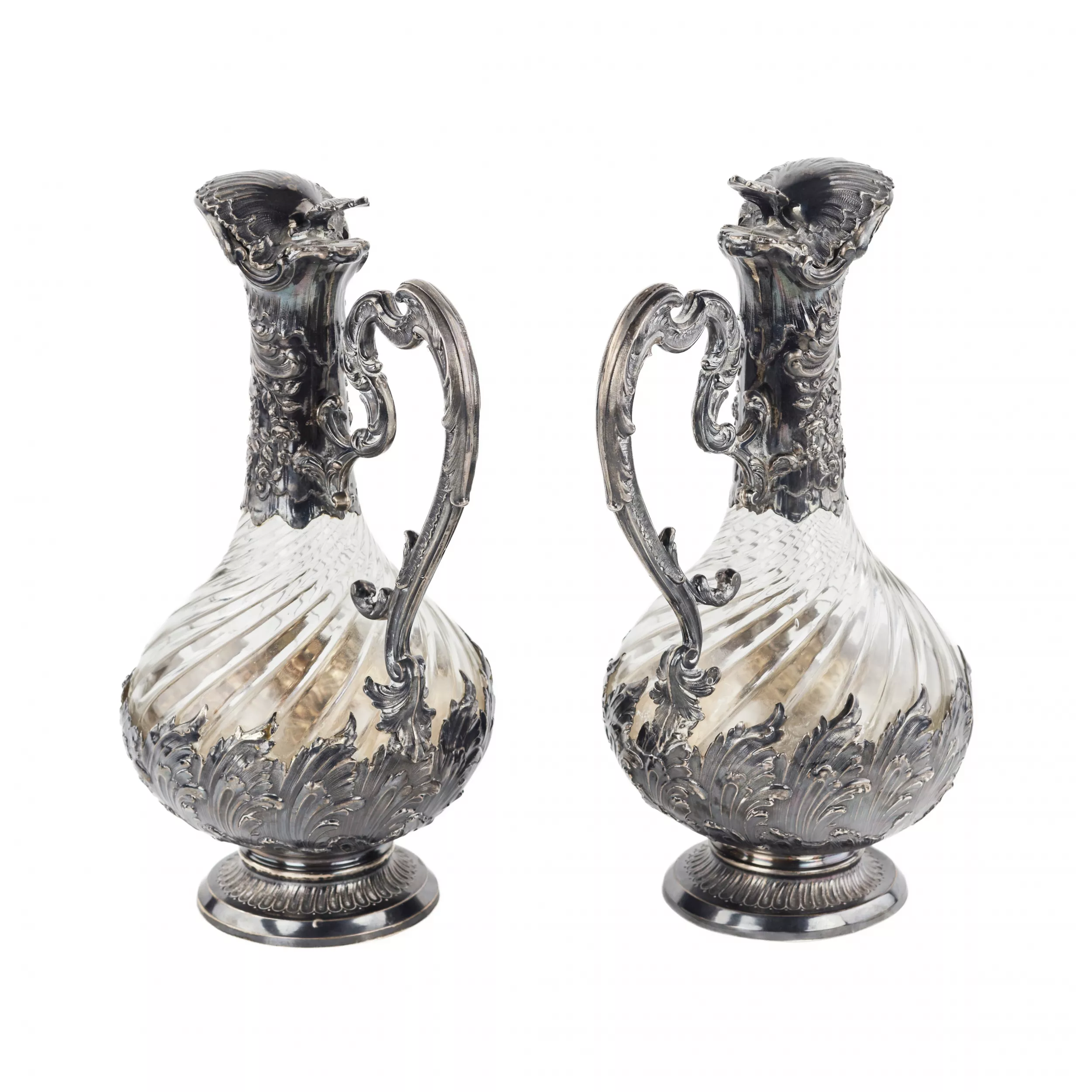 Frangière et Laroche. Paire de pichets à vin en verre français en argent des annees 1880. 