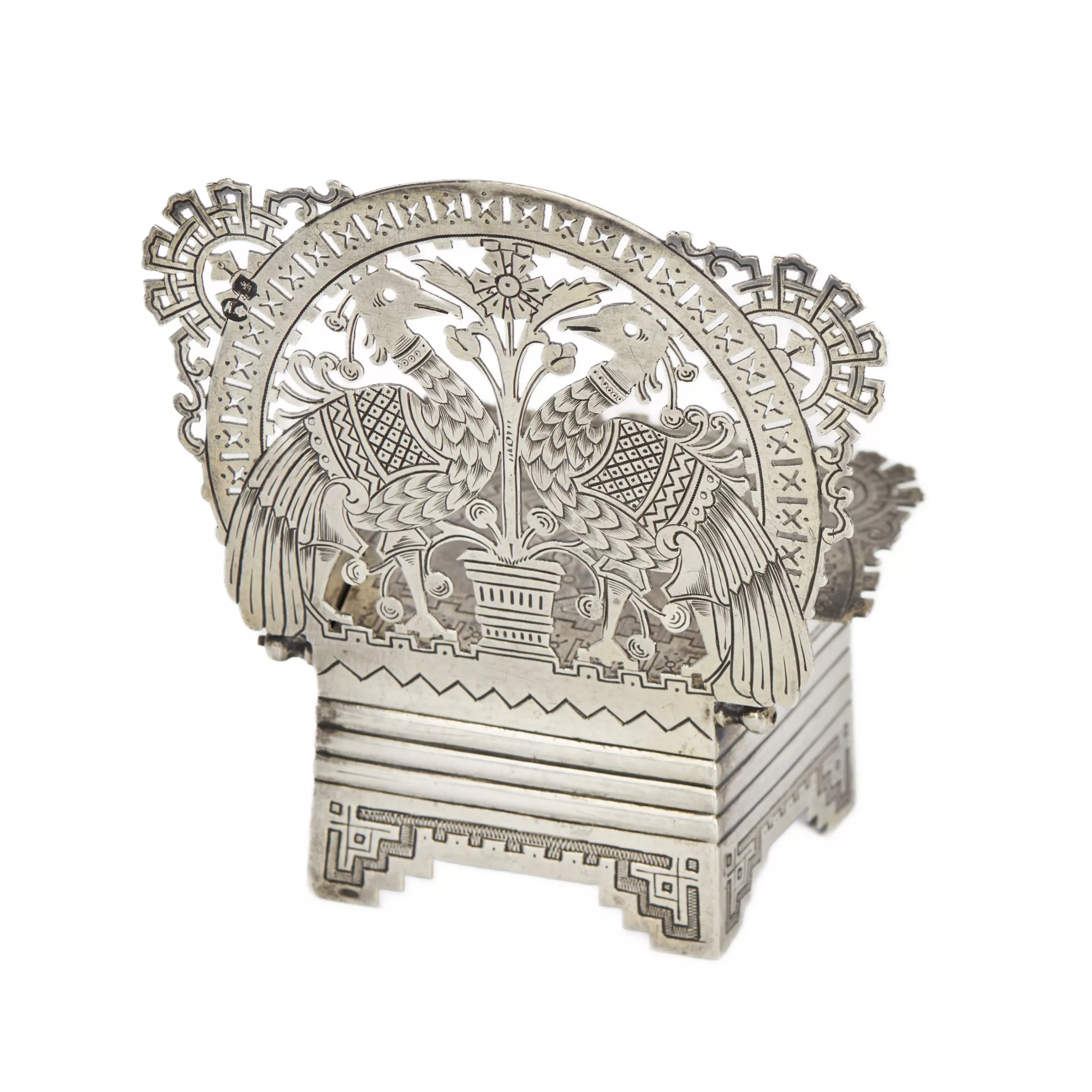 Russian silver salt cellar-throne in the neo-Russian style from the workshop of A. FULDA. Moscow 1881.