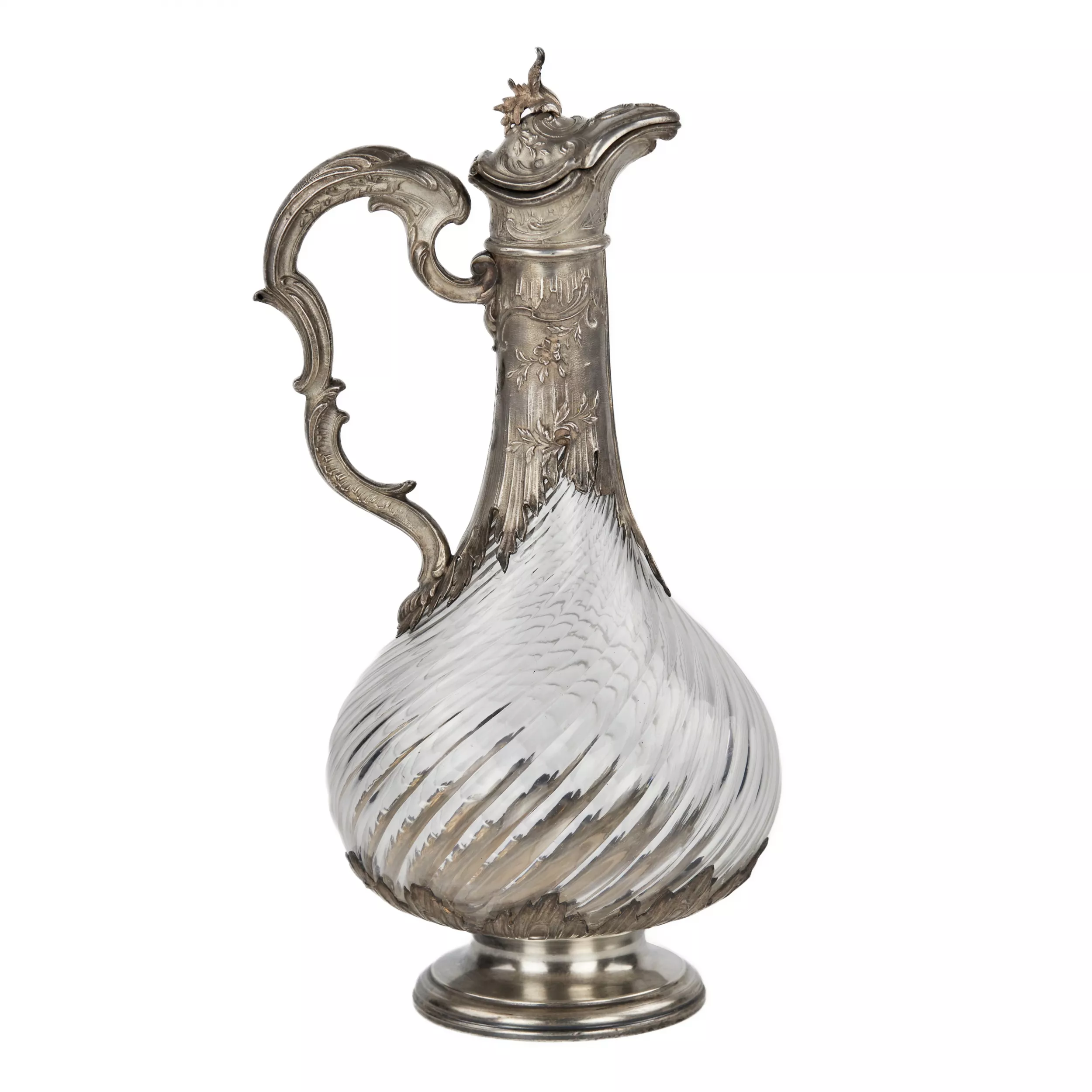 French fluted glass wine jug in silver in the style of Louis XV, late 19th century.