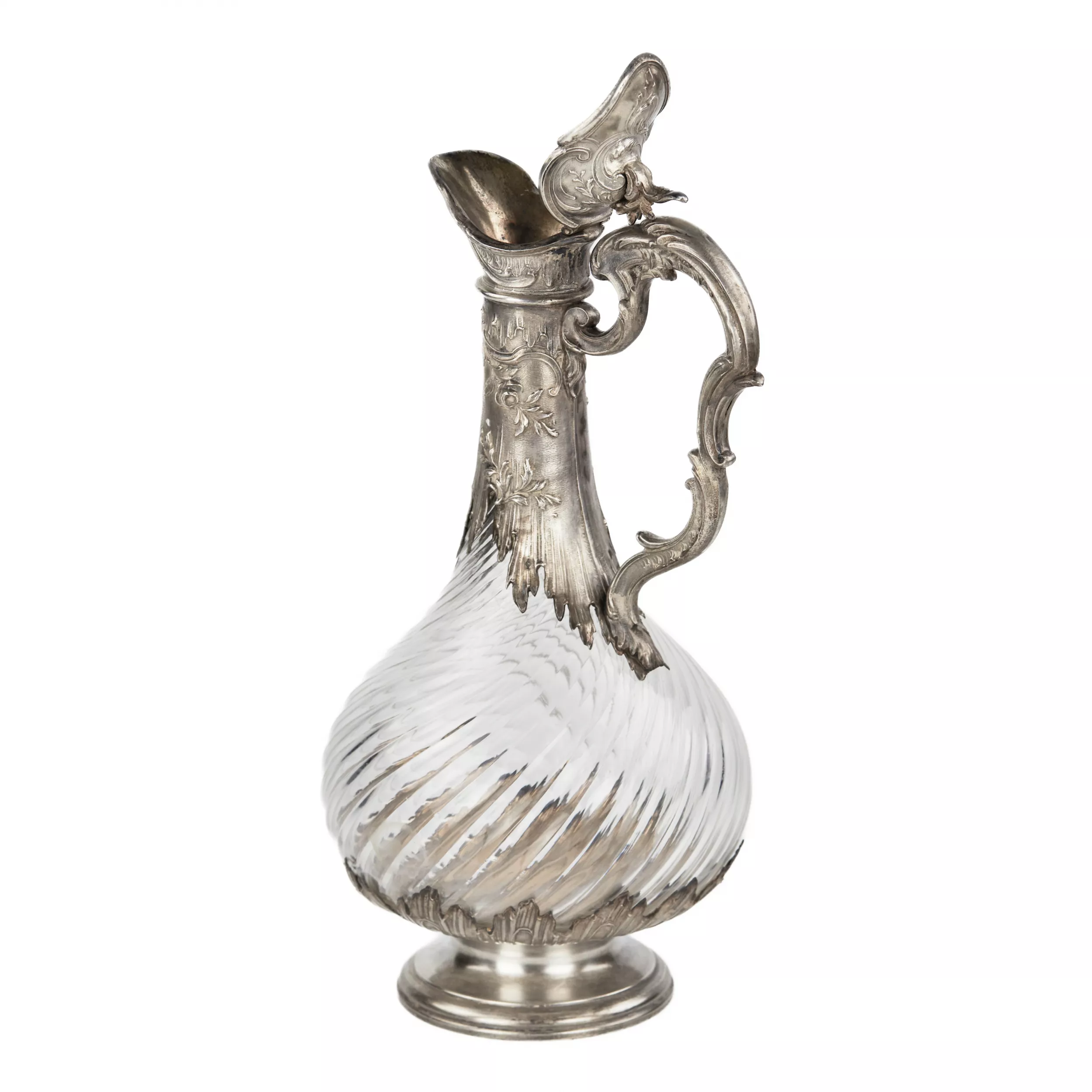 French fluted glass wine jug in silver in the style of Louis XV, late 19th century.