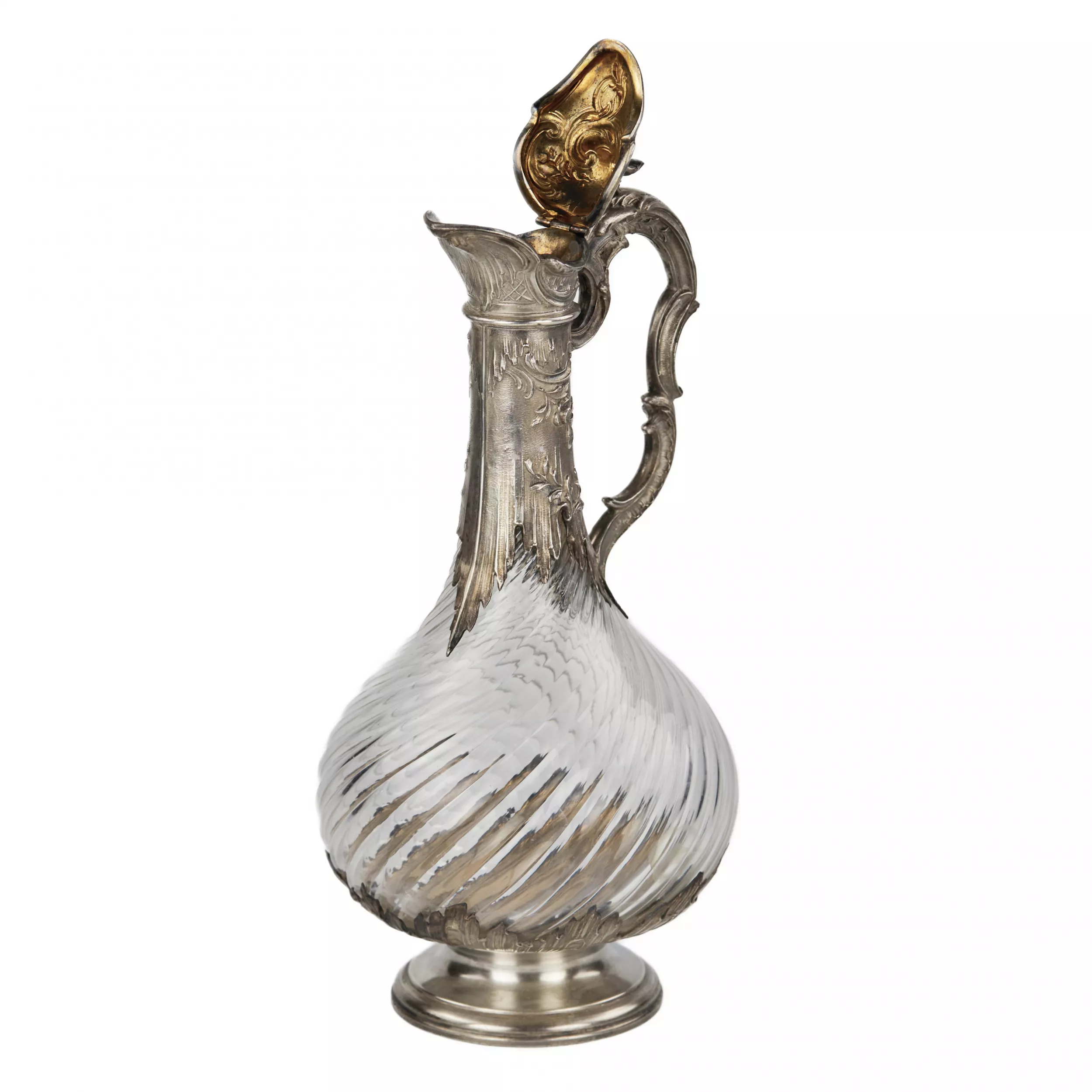 French fluted glass wine jug in silver in the style of Louis XV, late 19th century.