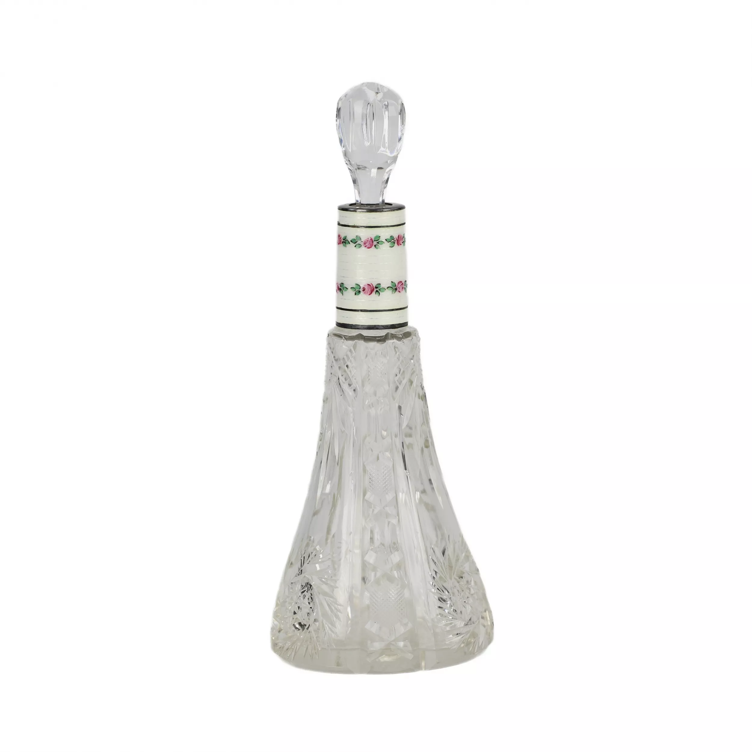 Service à liqueur pour six personnes en cristal argente et email guilloche. Debut du 20ème siècle.