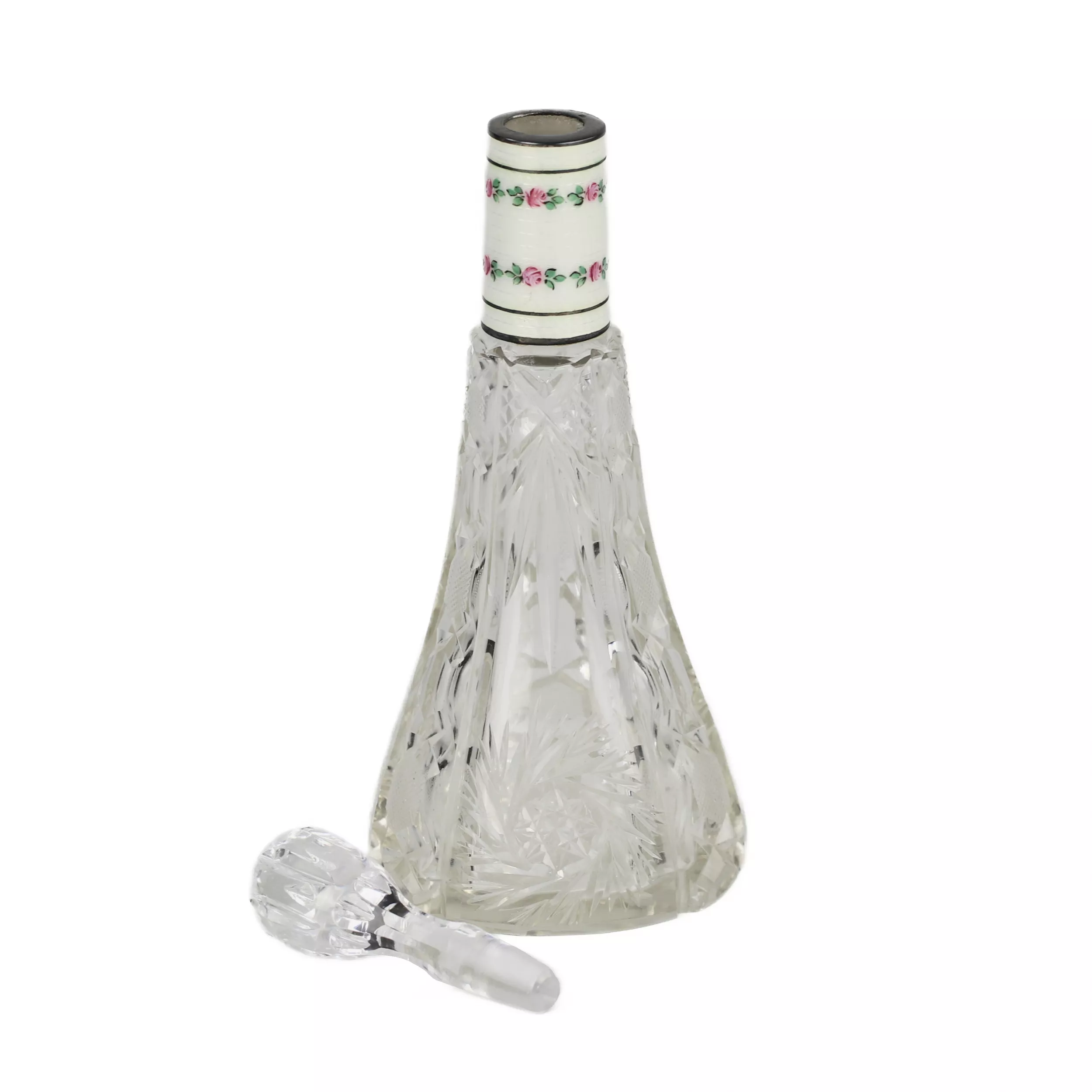 Service à liqueur pour six personnes en cristal argente et email guilloche. Debut du 20ème siècle.
