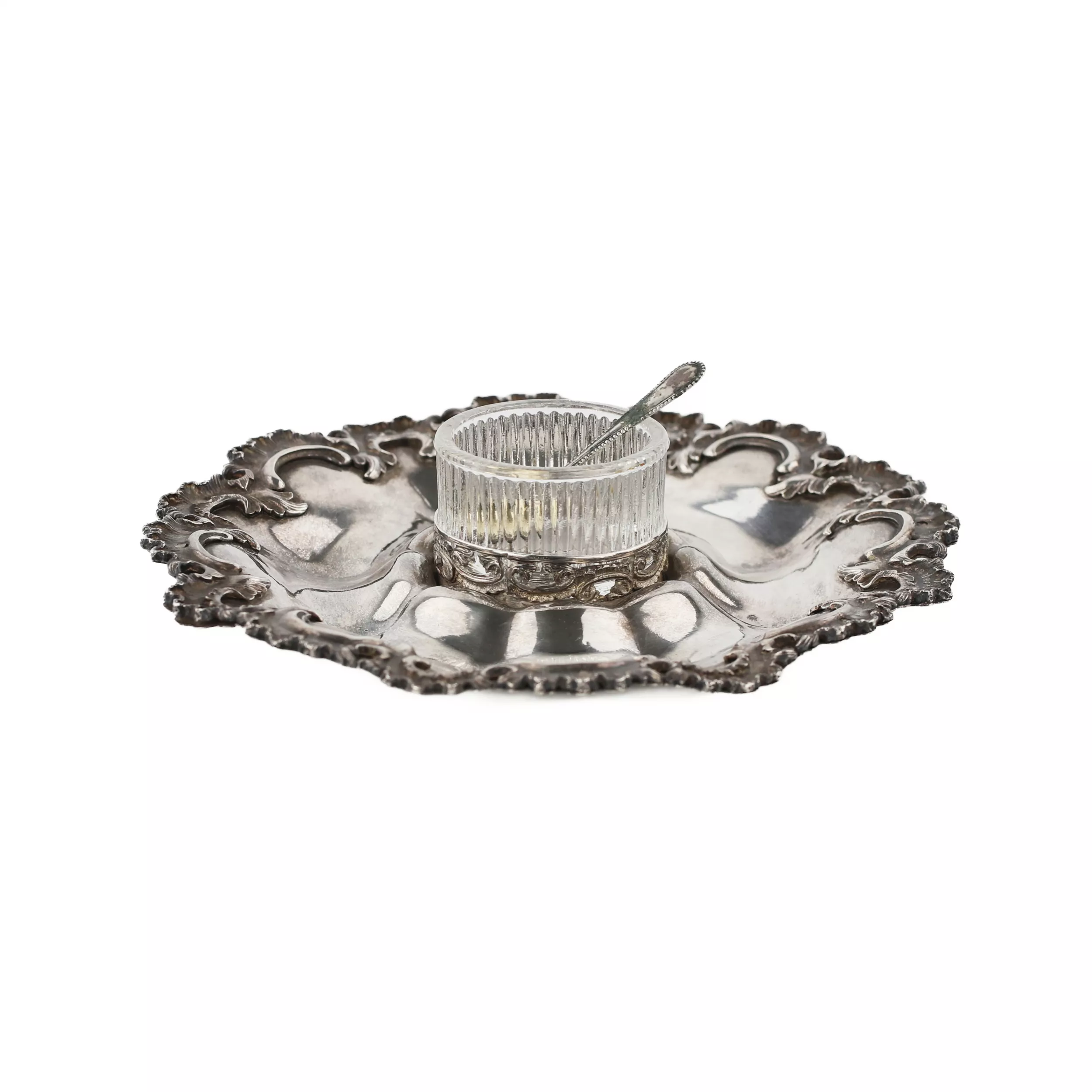 Bol à caviar russe en argent avec plateau en verre et cuillère en argent. 1843.