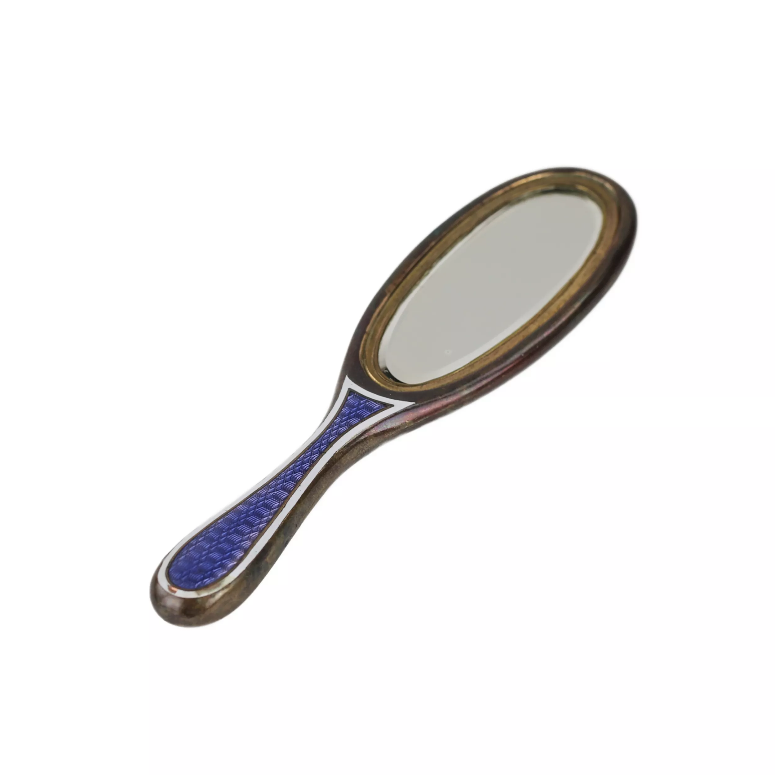 Miniature ladies` mirror with guilloche enamel in blue and white flowers. 20th century. 