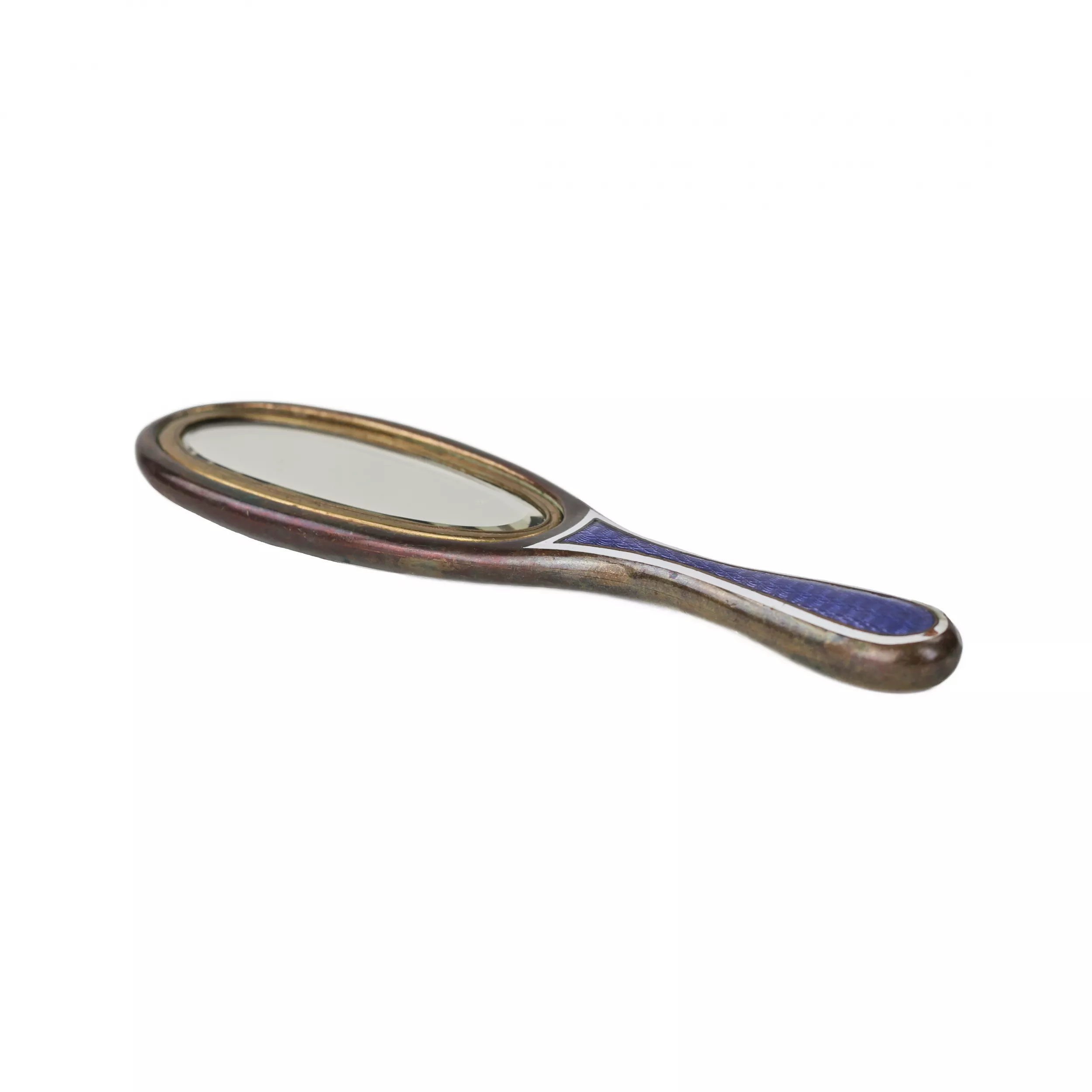 Miniature ladies` mirror with guilloche enamel in blue and white flowers. 20th century. 