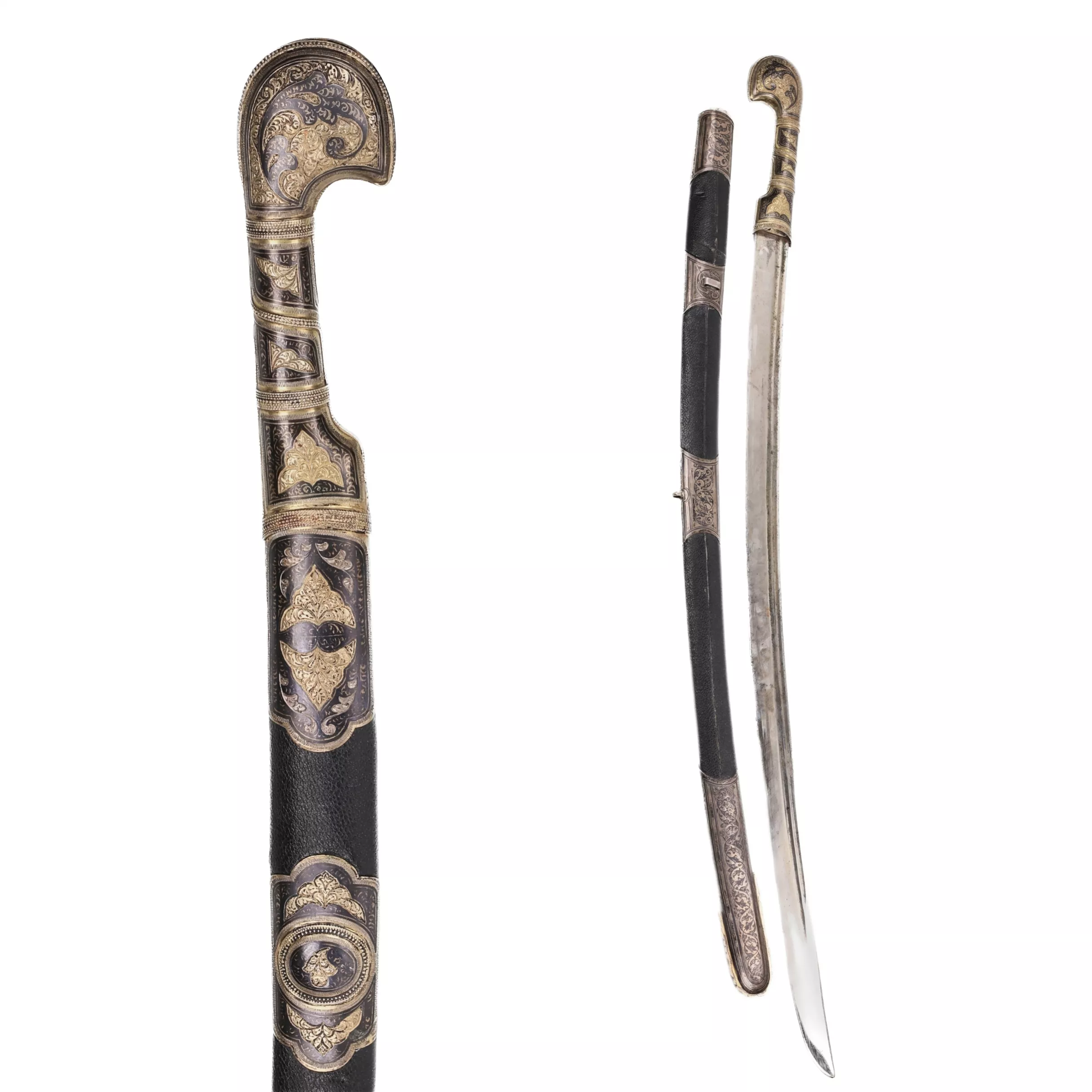 Sabre bipartite de type caucasien en argent nielle et dorure. Russie 