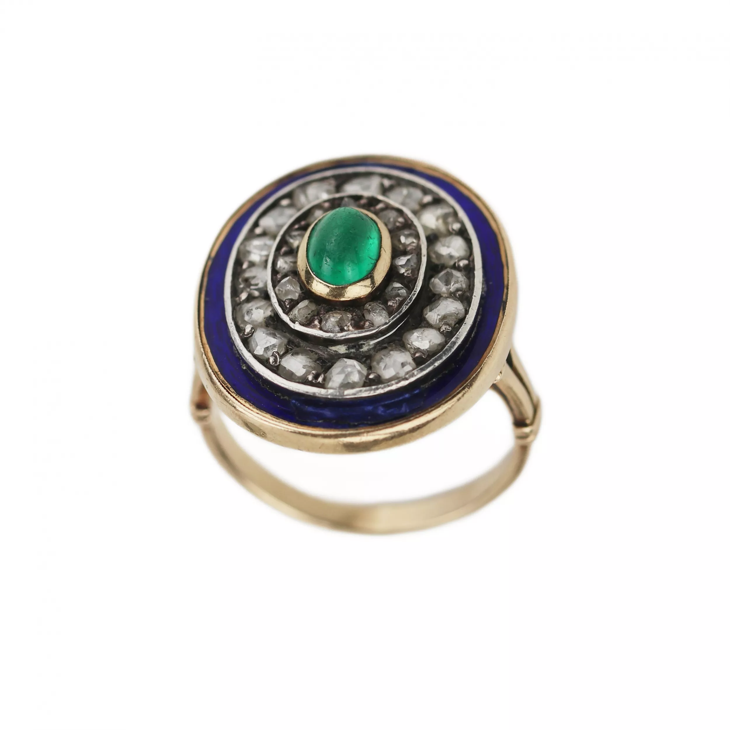 Bague en or 583, avec émeraude, diamants et émail bleu. 