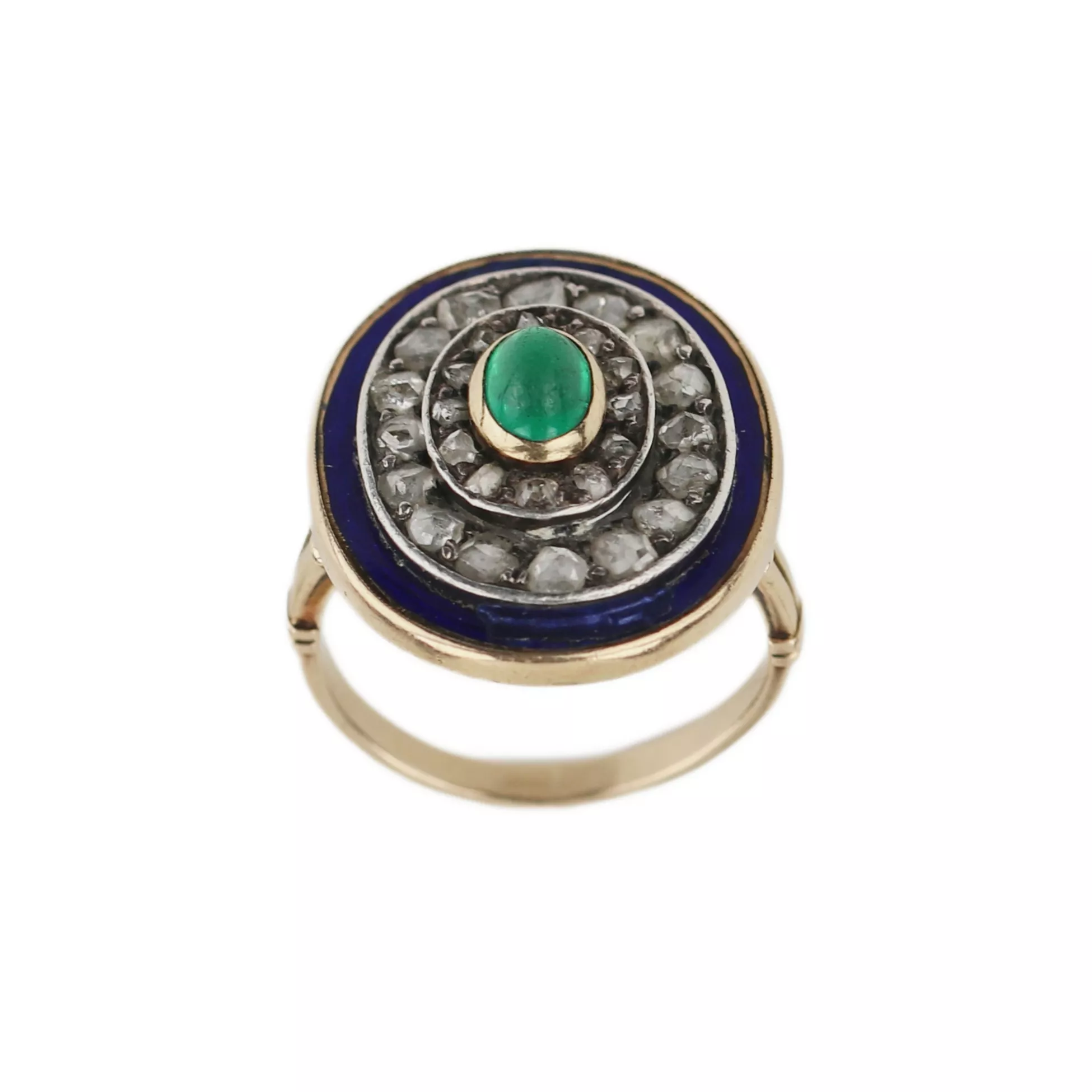 Bague en or 583, avec émeraude, diamants et émail bleu. 