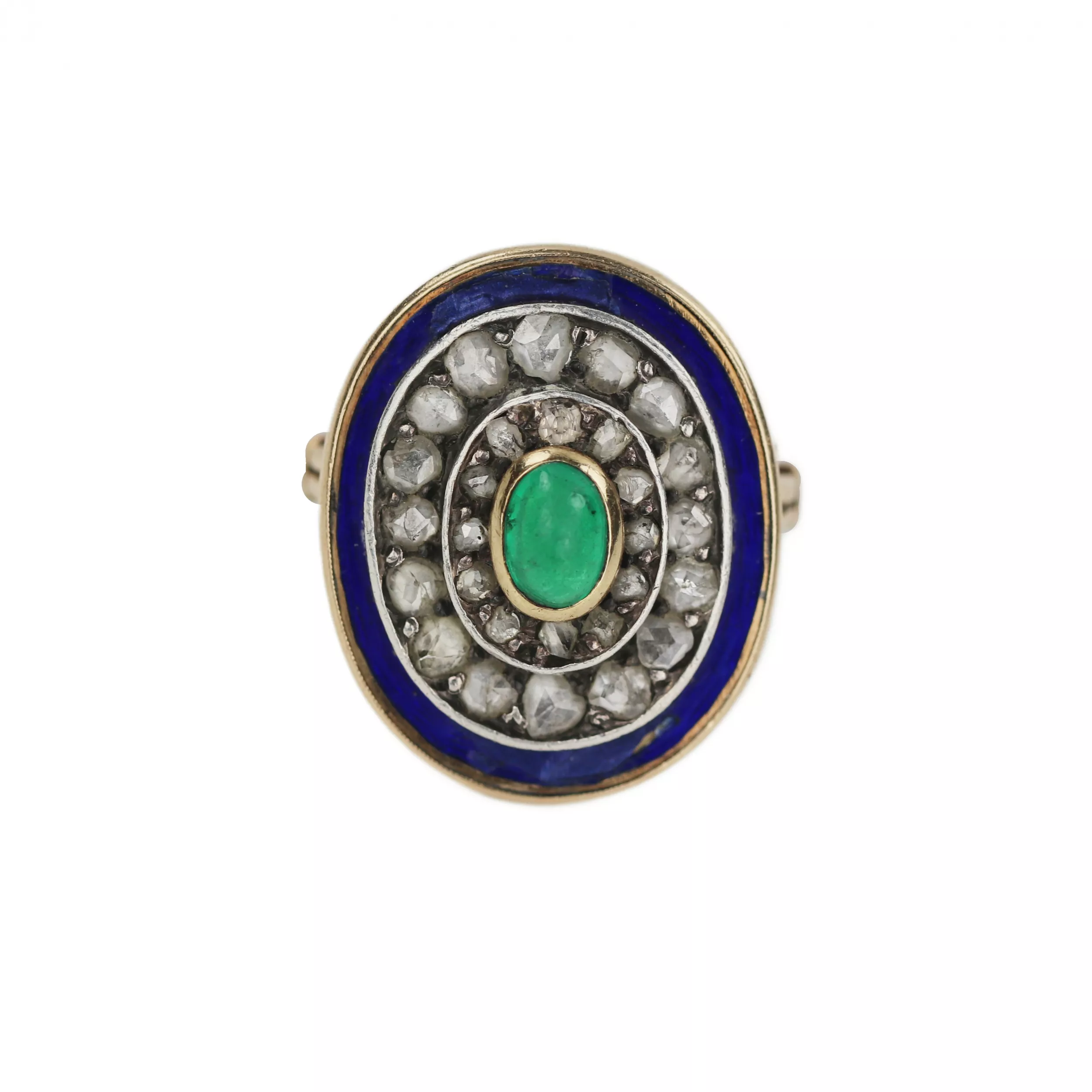 Bague en or 583, avec émeraude, diamants et émail bleu. 