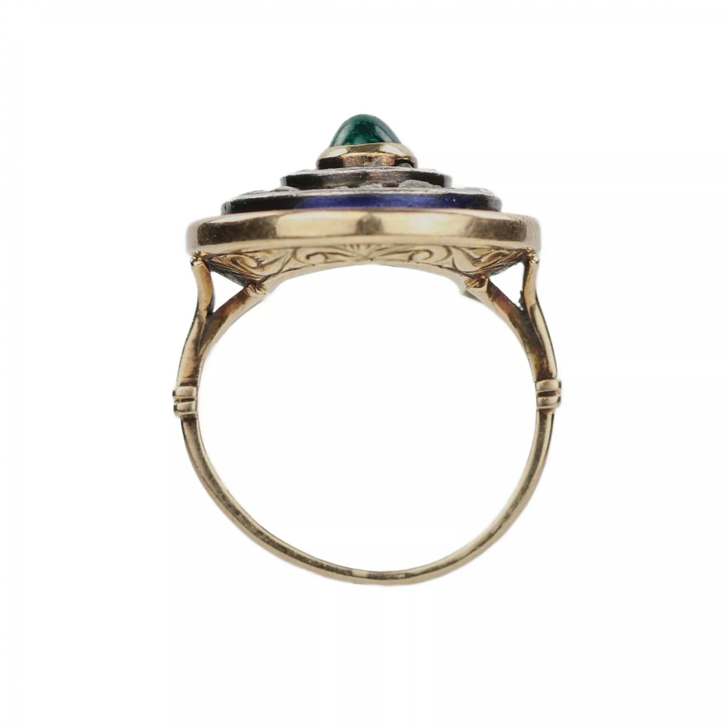 Bague en or 583, avec émeraude, diamants et émail bleu. 