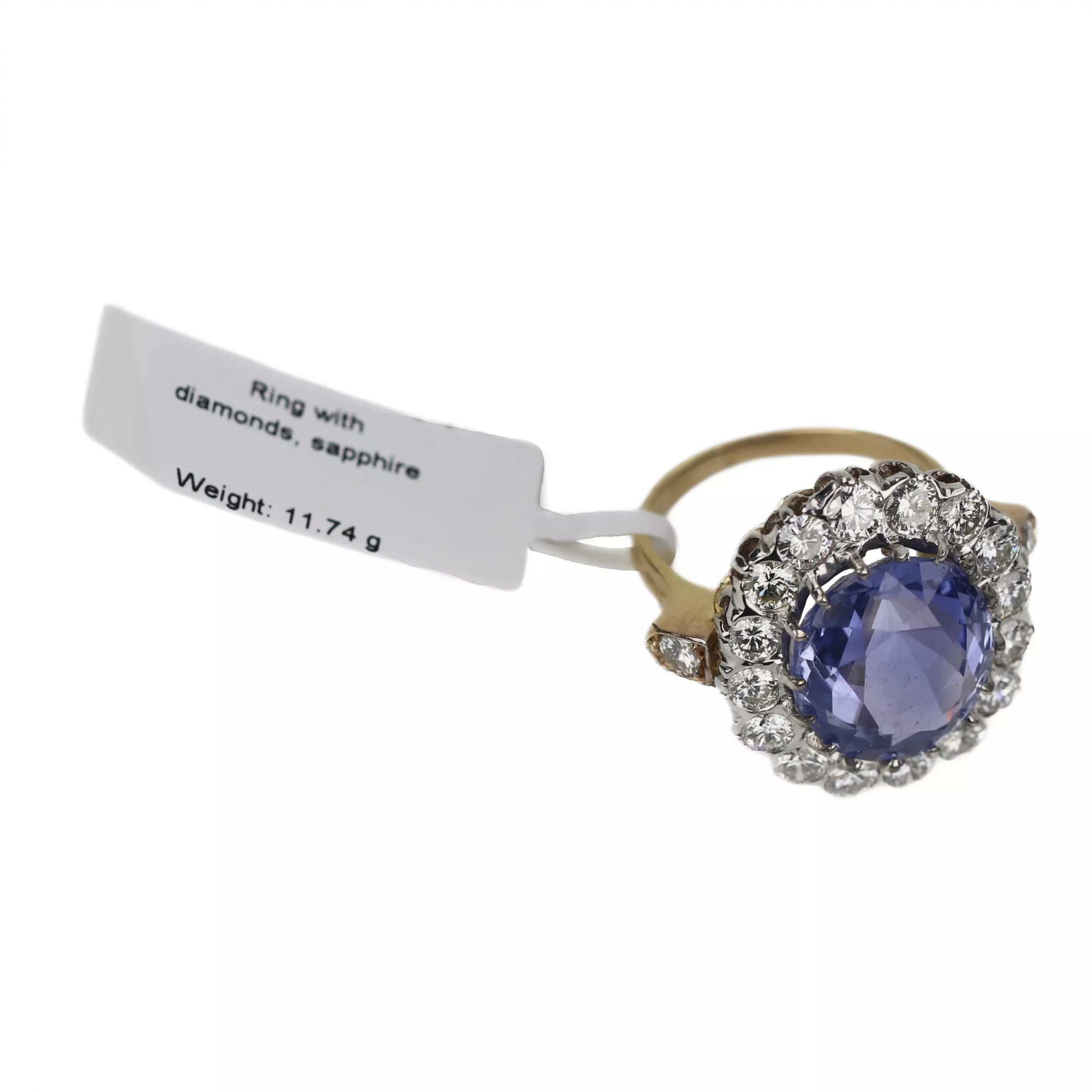 Excellente bague en or 18 carats avec saphir de 10,96 carats et parsemee de diamants. 