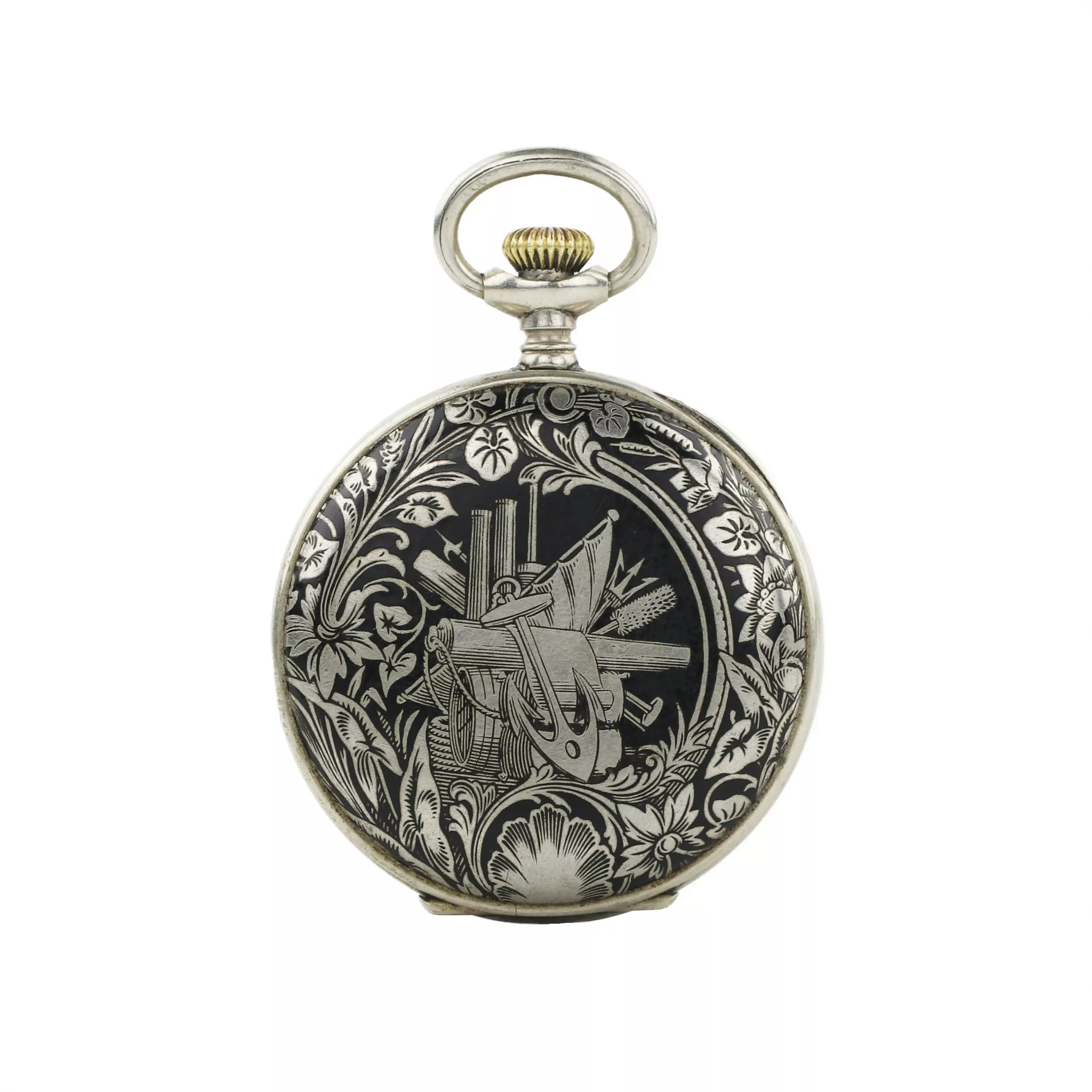 Montre de poche russe à motif en metal noirci. Compagnie Diogène. Debut du 20ème siècle. 