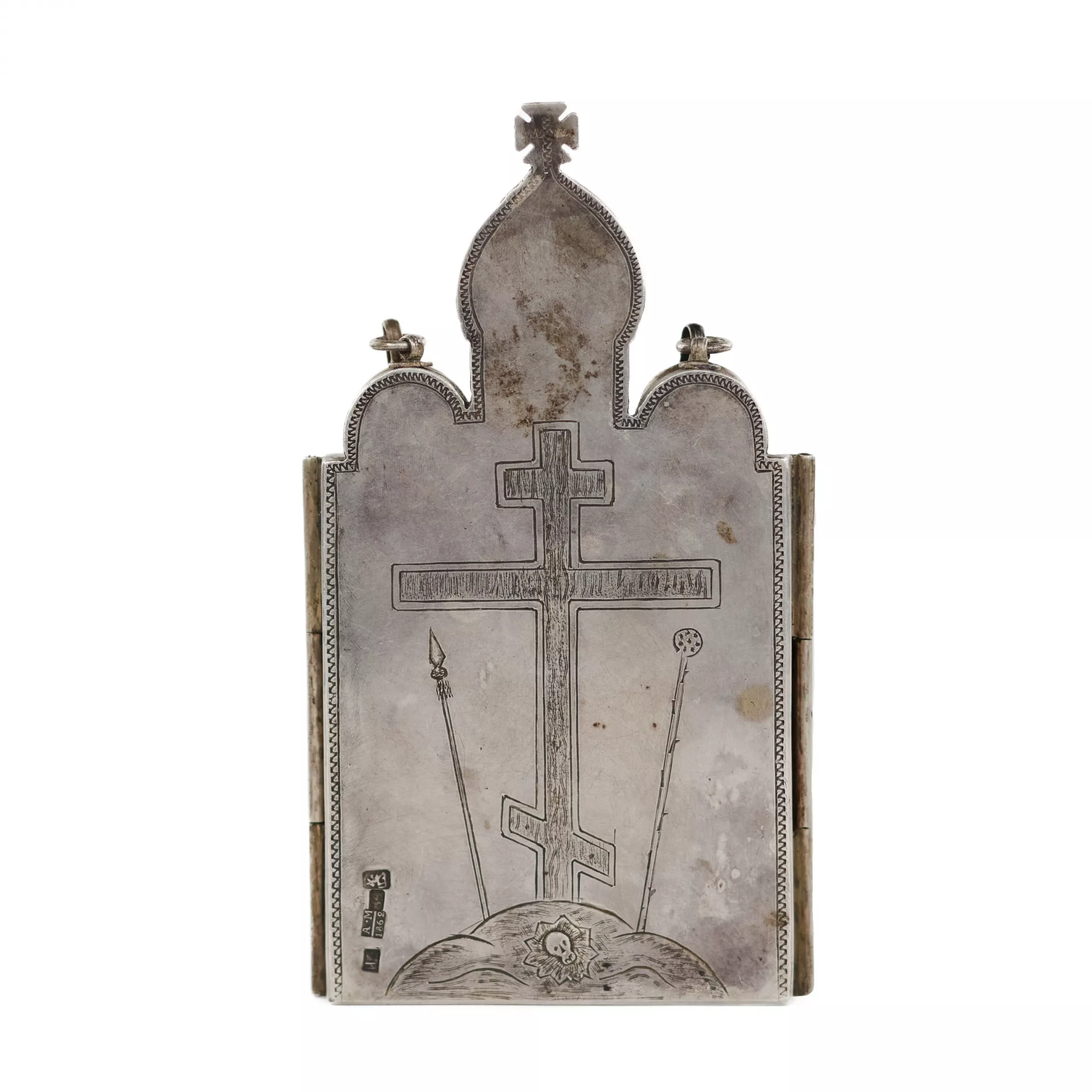Трехстворчатый, серебряный складень в виде храма. И.В.Захаров. 1862 год. Москва.