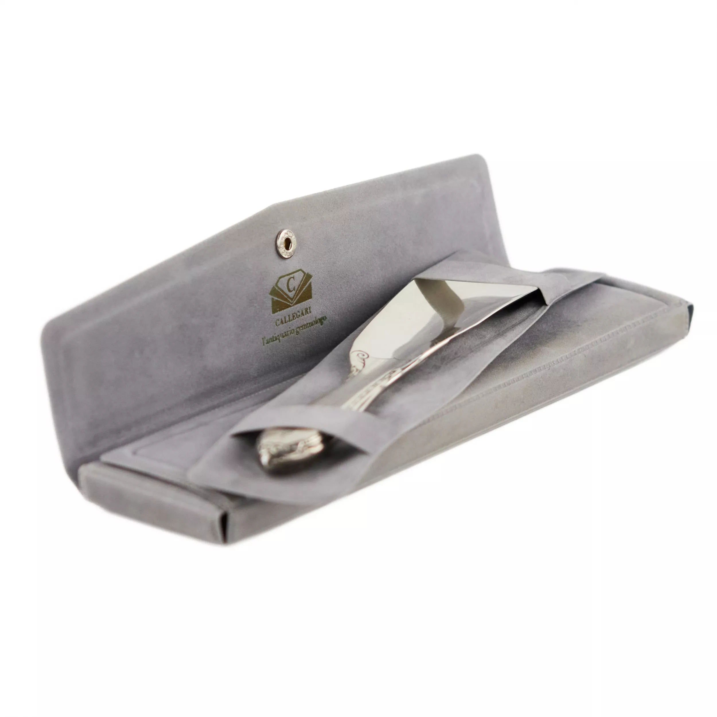 SILVER SHOEHORN WITH MONOGRAM IN FITTED CASE. CALLEGARI. 20TH CENTURY
