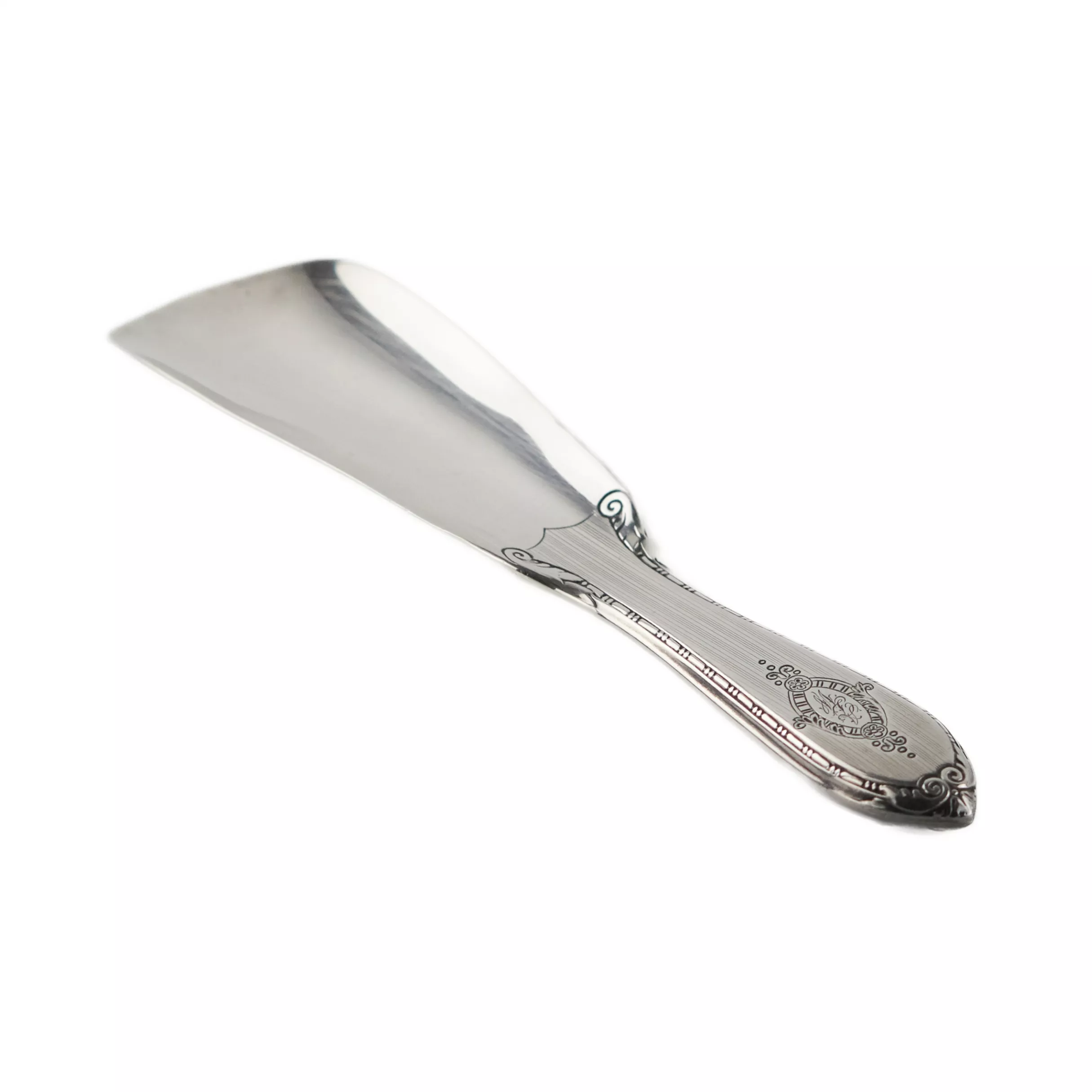 SILVER SHOEHORN WITH MONOGRAM IN FITTED CASE. CALLEGARI. 20TH CENTURY