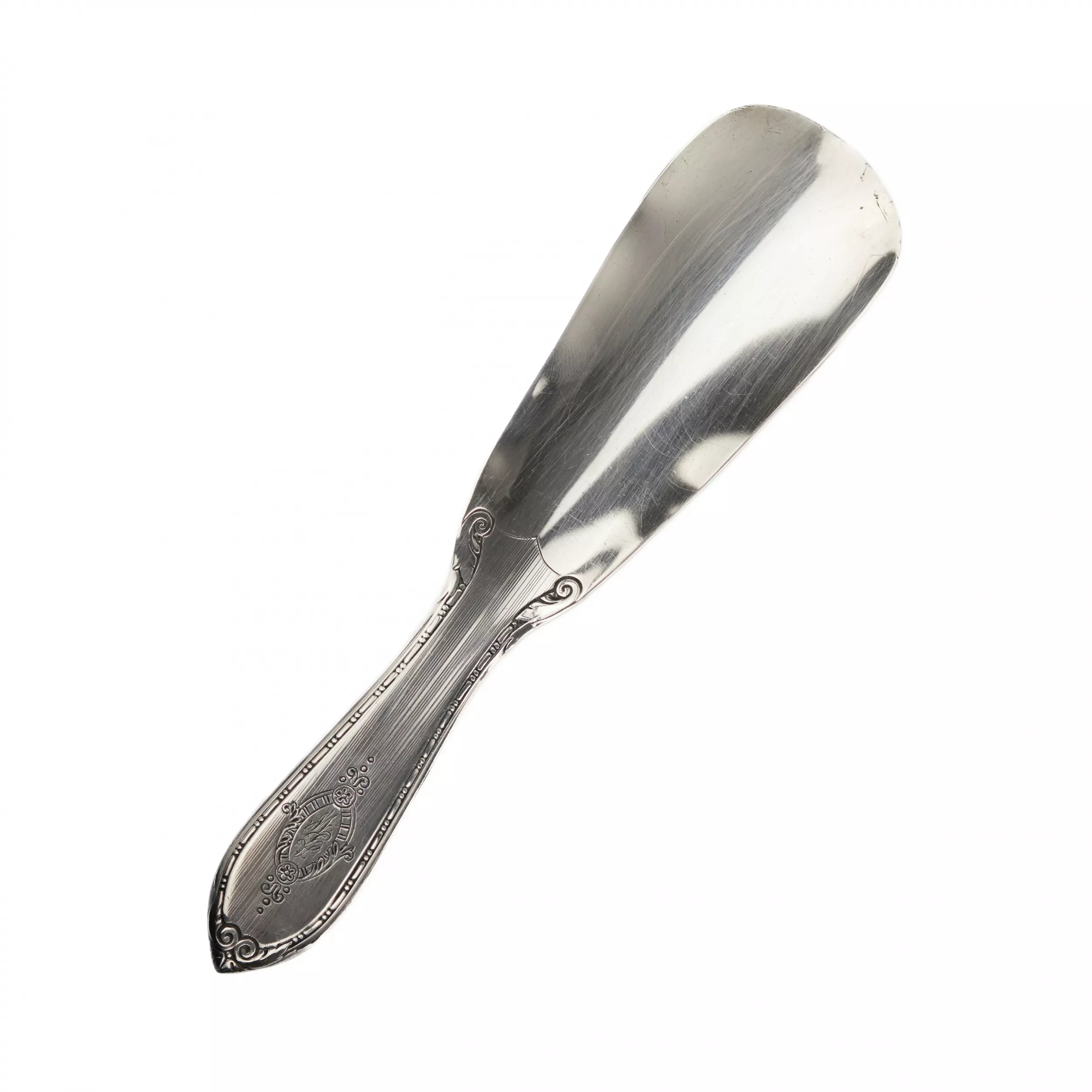 SILVER SHOEHORN WITH MONOGRAM IN FITTED CASE. CALLEGARI. 20TH CENTURY