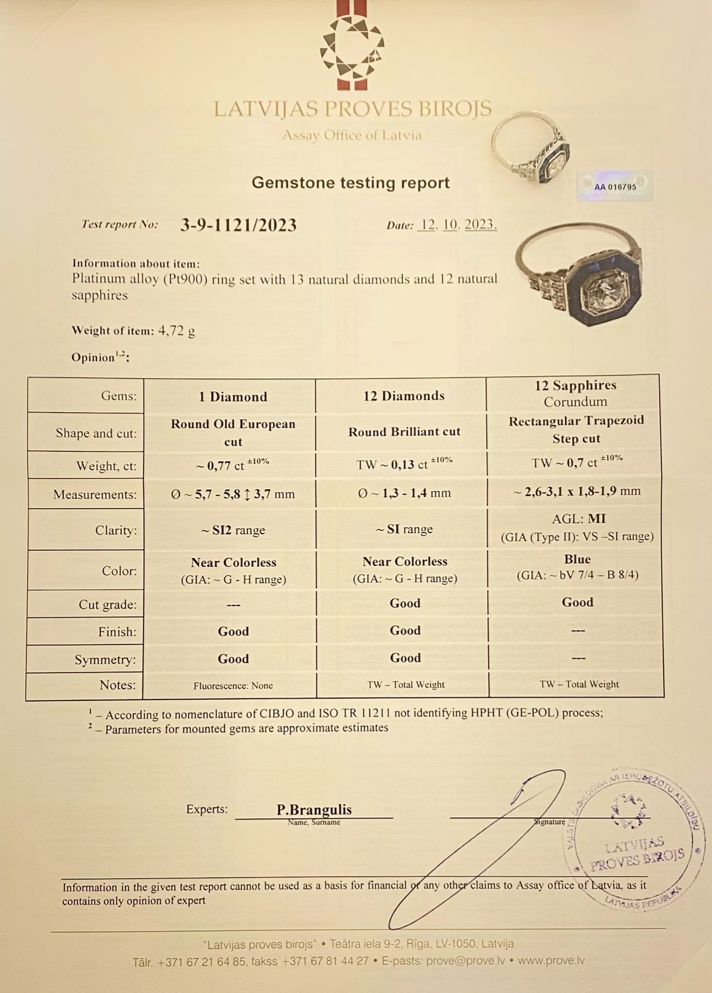 Élégante bague en platine avec diamants et saphirs. 