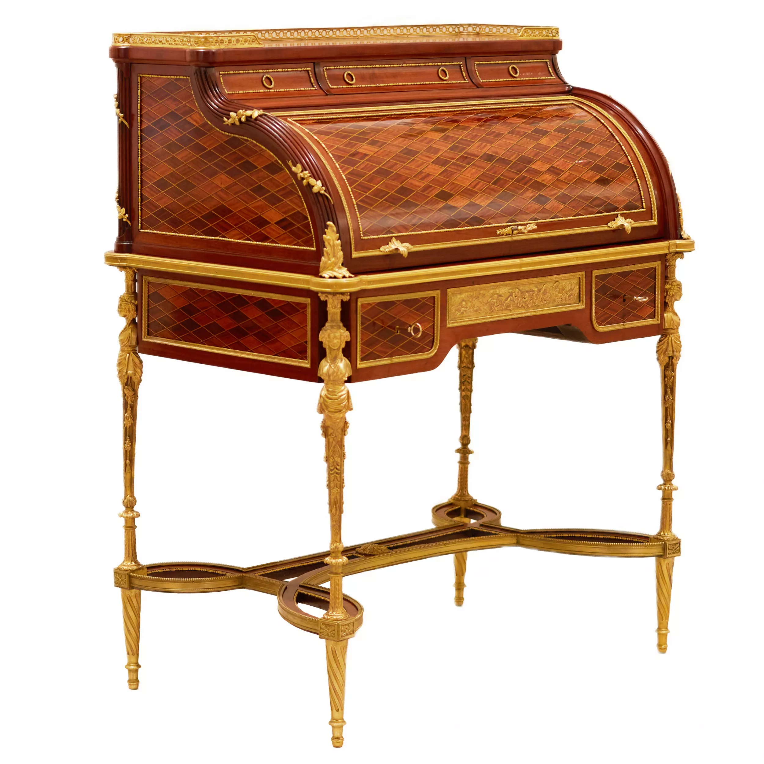 E.KAHN. Magnifique bureau cylindrique en acajou et bois satiné avec bronze doré. 