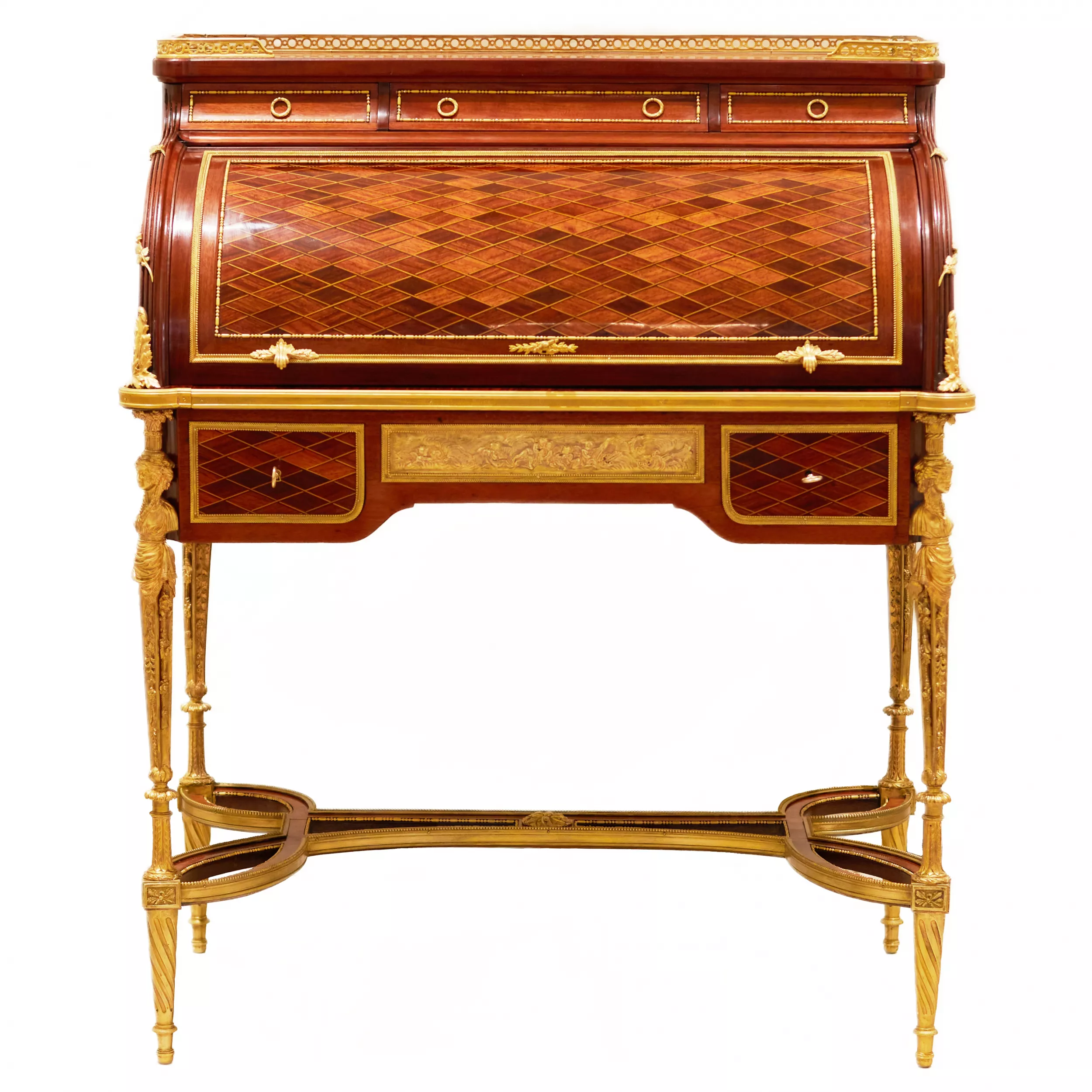 E.KAHN. Magnifique bureau cylindrique en acajou et bois satiné avec bronze doré. 