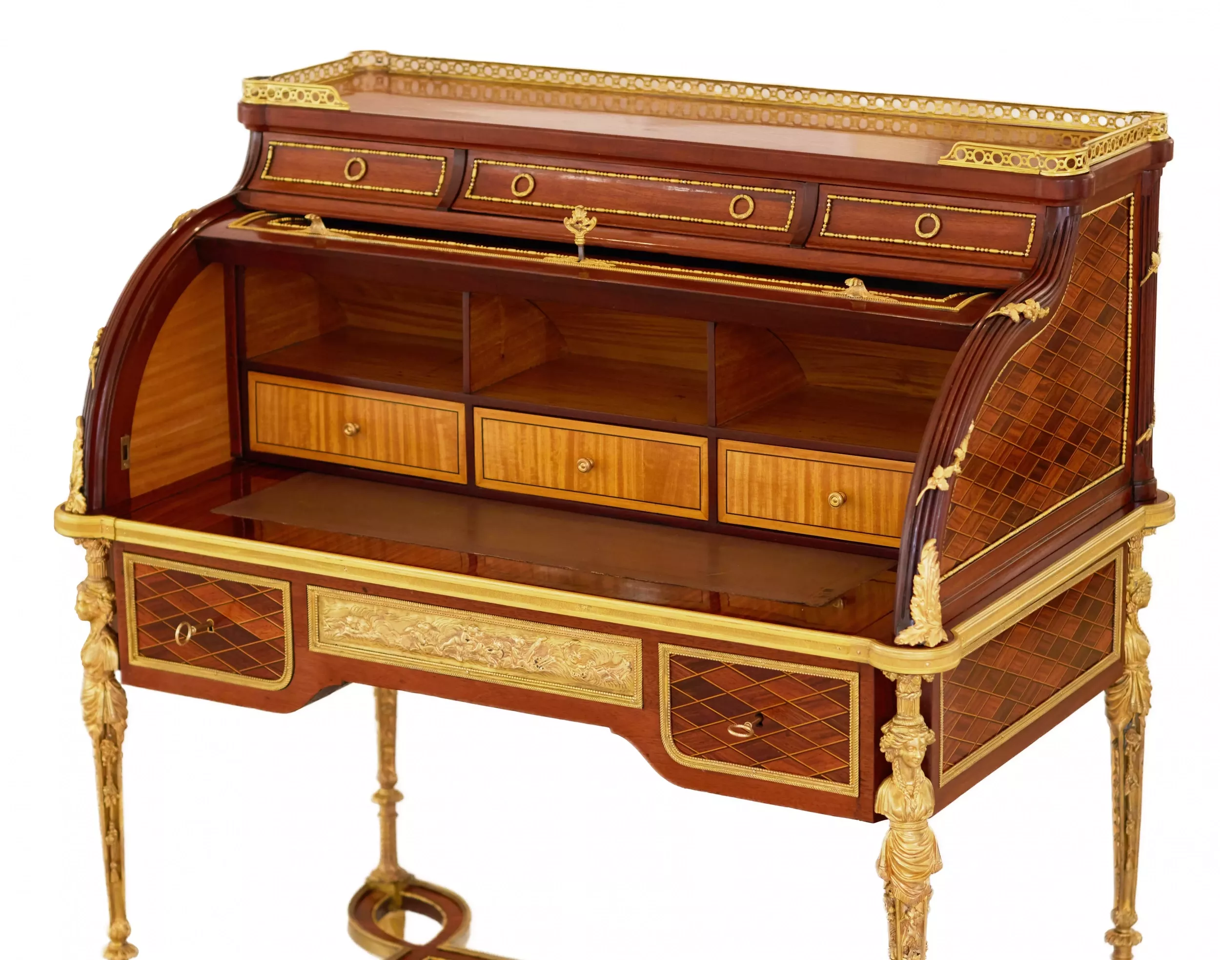 E.KAHN. Magnifique bureau cylindrique en acajou et bois satiné avec bronze doré. 