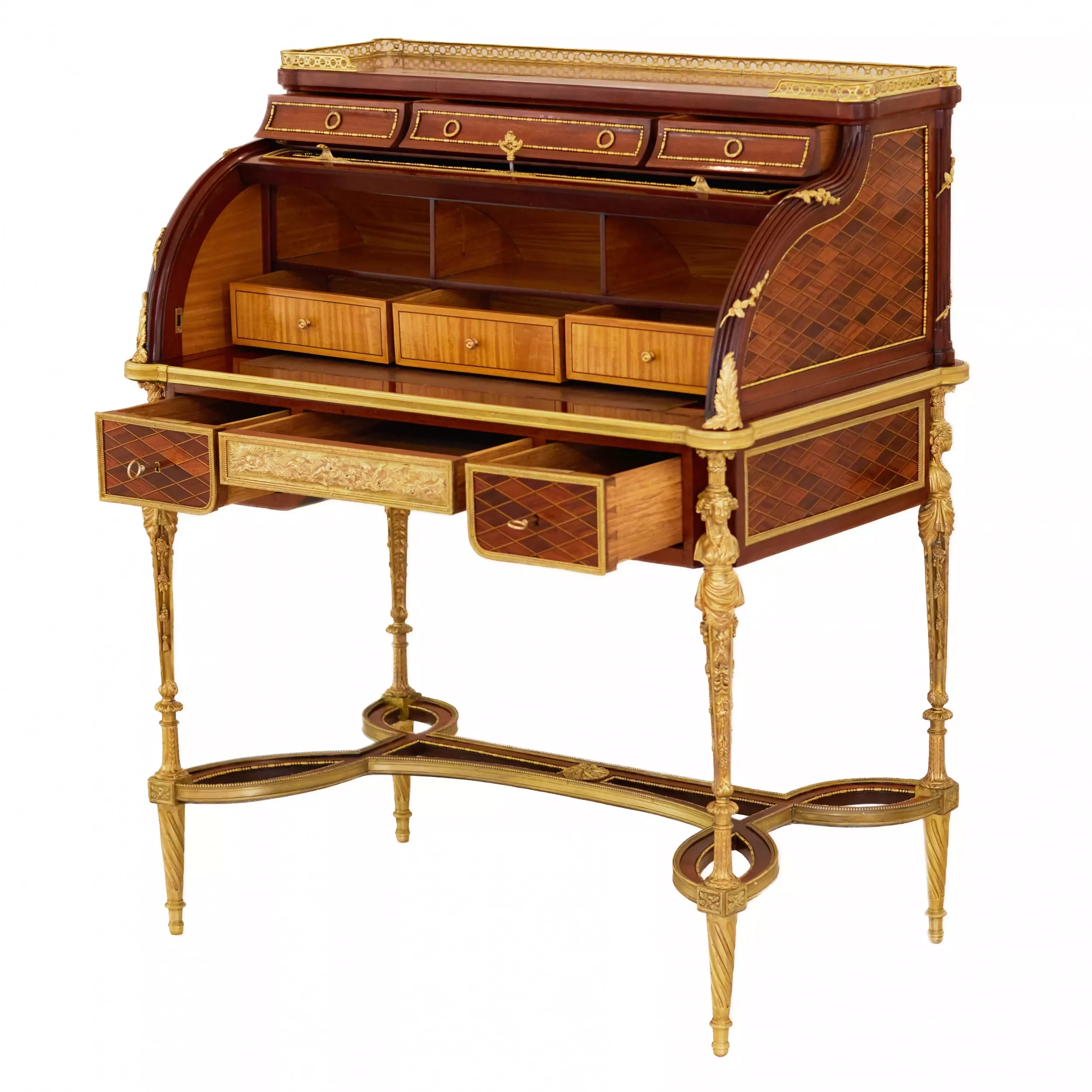 E.KAHN. Magnifique bureau cylindrique en acajou et bois satiné avec bronze doré. 