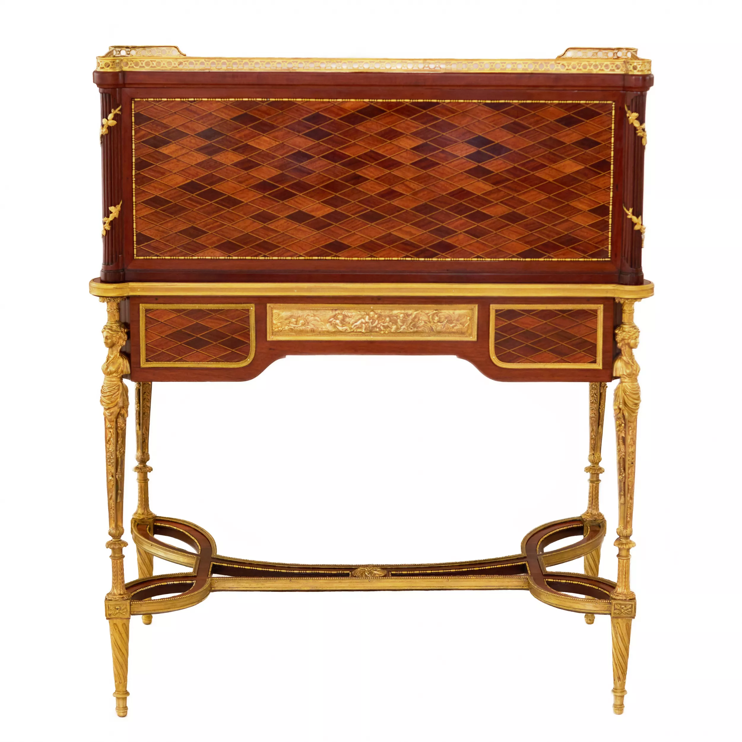 E.KAHN. Magnifique bureau cylindrique en acajou et bois satiné avec bronze doré. 