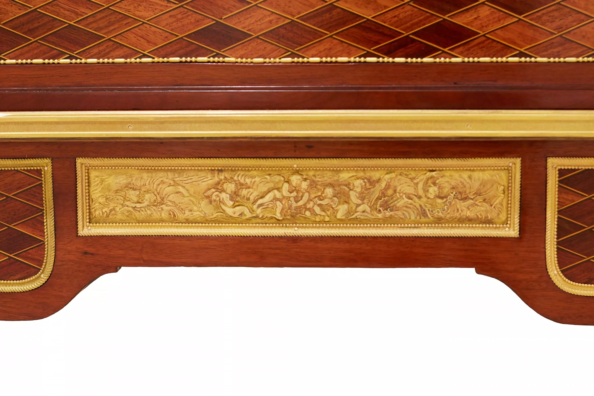 E.KAHN. Magnifique bureau cylindrique en acajou et bois satiné avec bronze doré. 