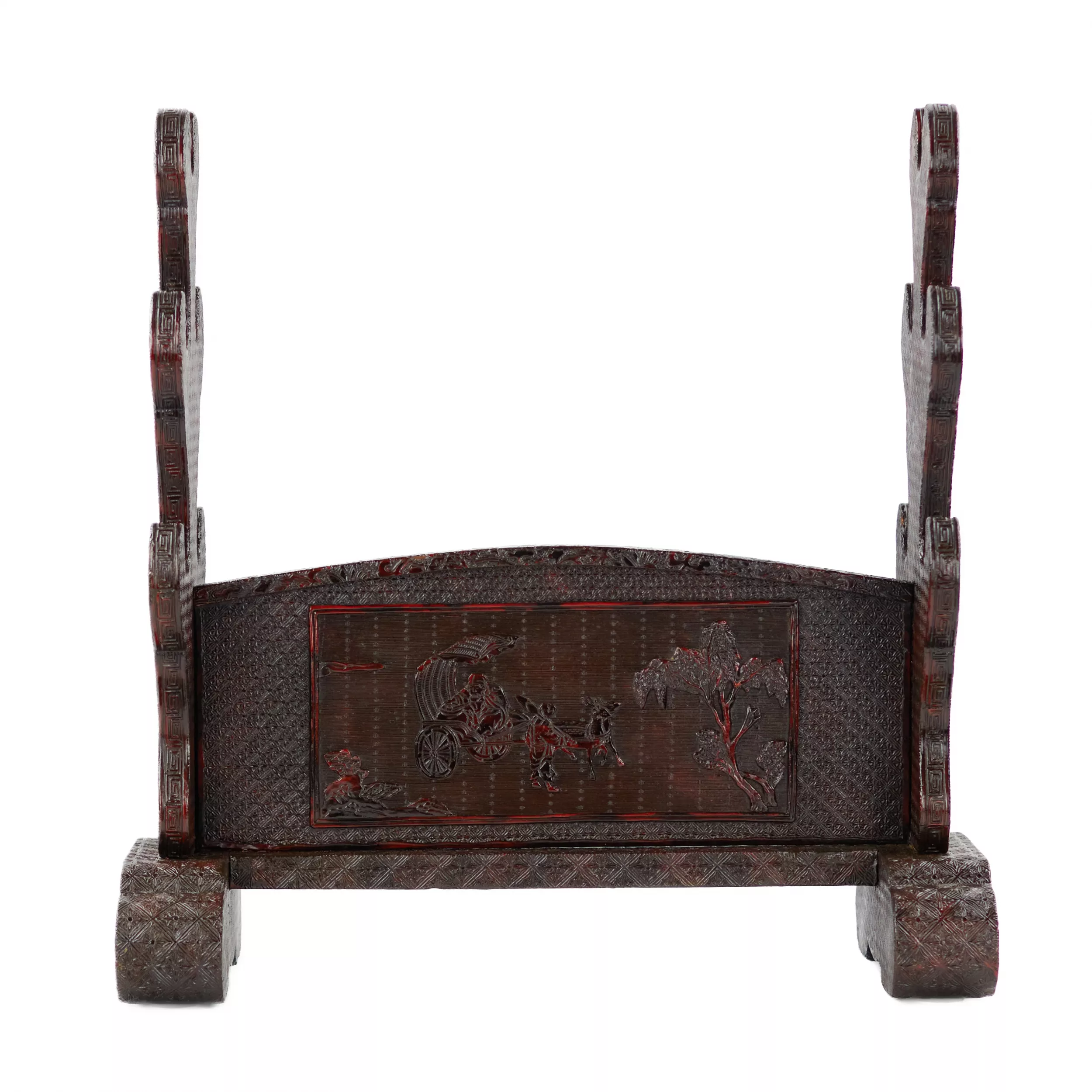 Katana stand (katana kake) in red carved lacquer, Meiji period (Japanese: 明治) Japan, 19th century. 