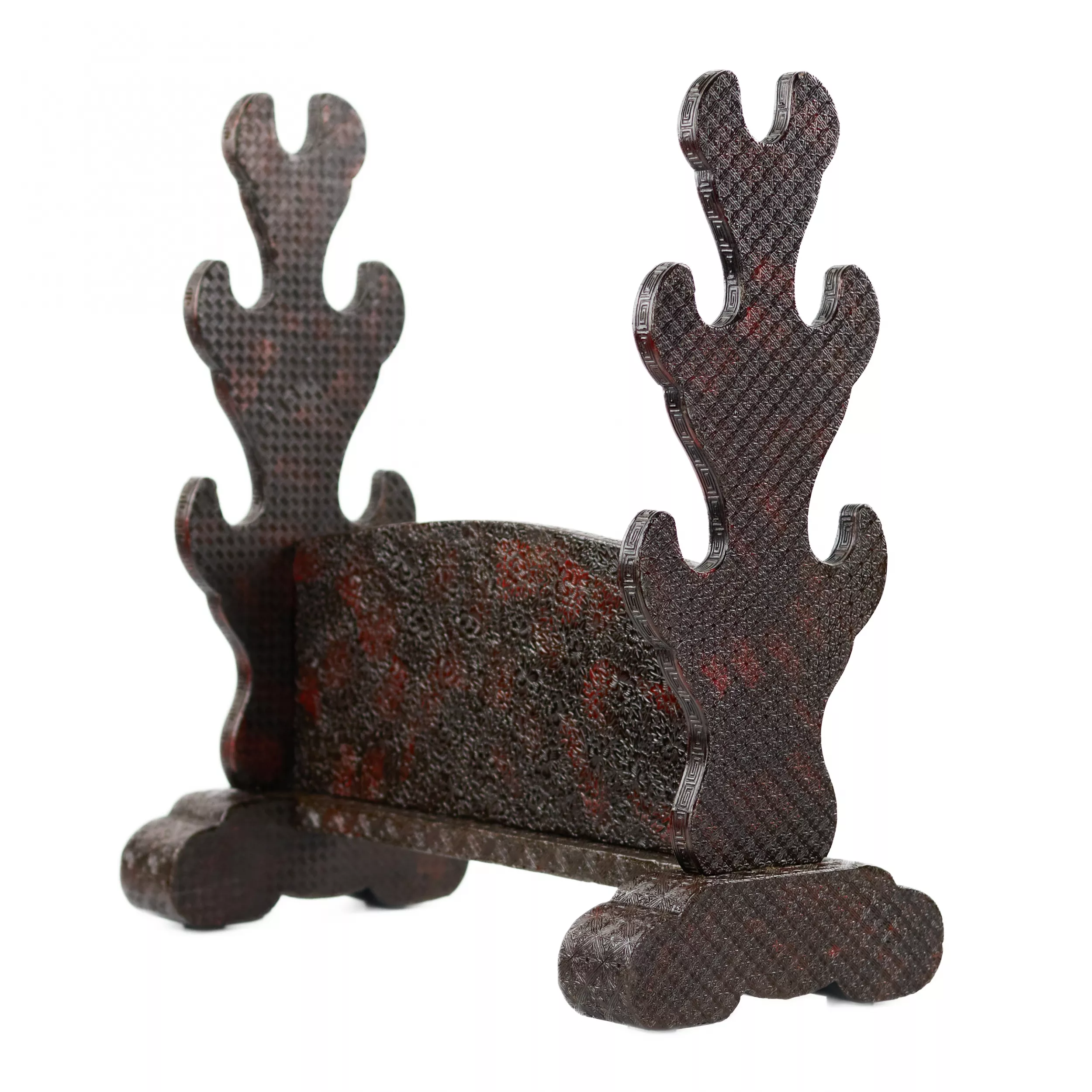 Katana stand (katana kake) in red carved lacquer, Meiji period (Japanese: 明治) Japan, 19th century. 