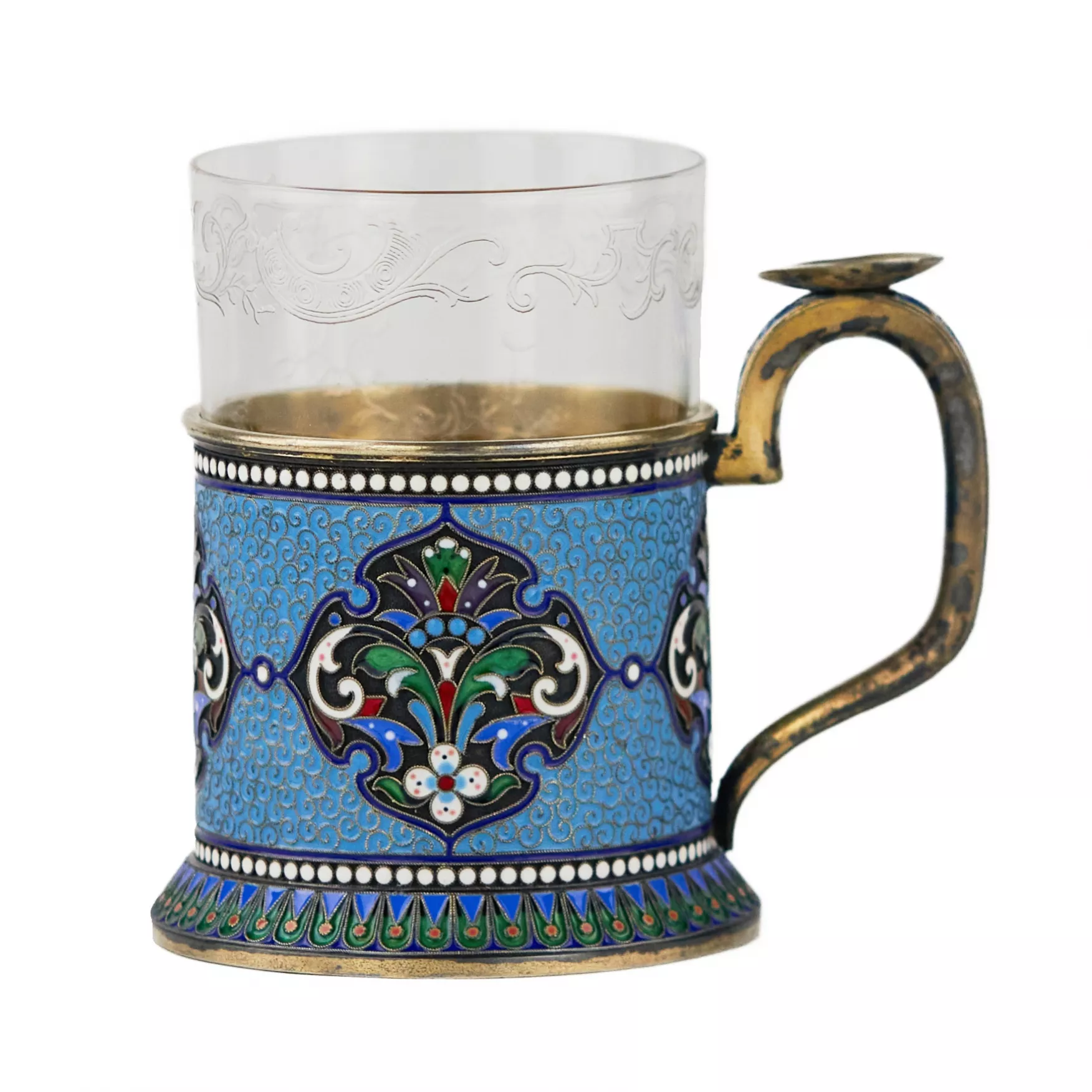Porte-verre en argent de style néo-russe avec émail cloisonné et dorure. Lyubavin Fin du 19ème siècle. 